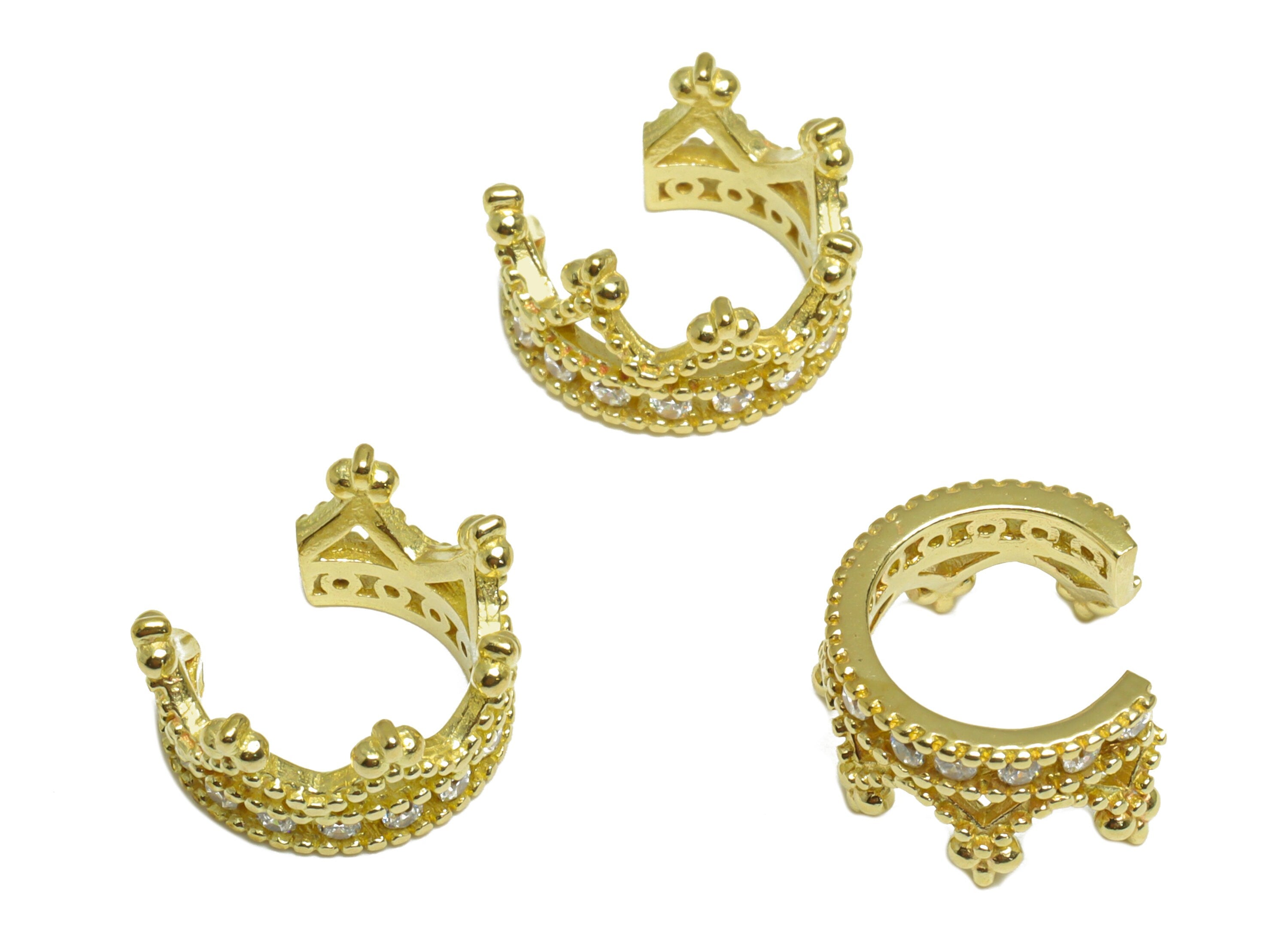 Brass CZ Crown Rings - Raw Brass Crown Ear Clip Cubic Zircon - Brass King Cubic Earring Cuff - Round Zircon Cuff Ear - 13x11.3x6mm - PP10112 - DOMEDBAZAAR
