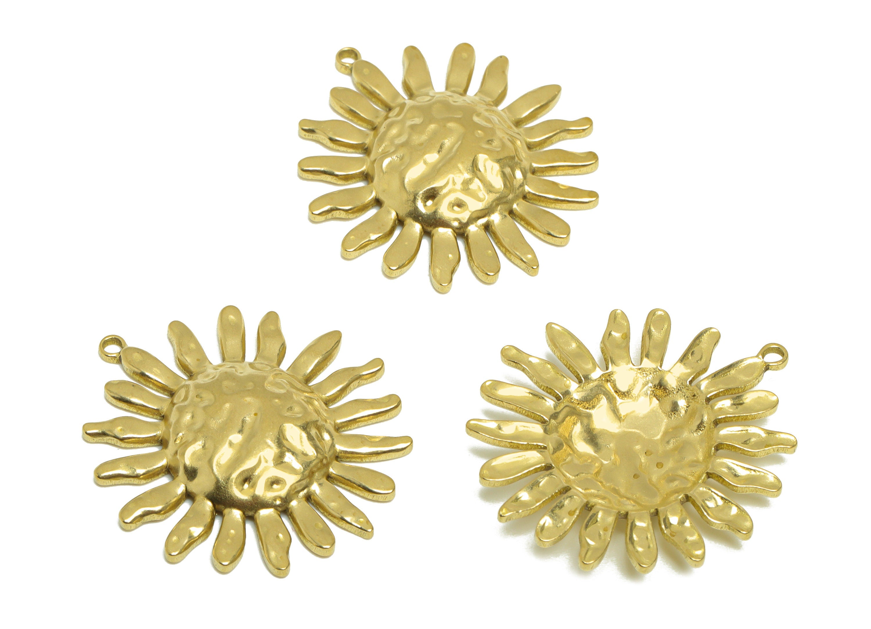 Brass Flower Earring Charm - Raw Brass Hammered Sunflower Earring Charm - Brass Flower Pendant - For Necklace - 31x27.2x4.28mm - PP10180 - DOMEDBAZAAR