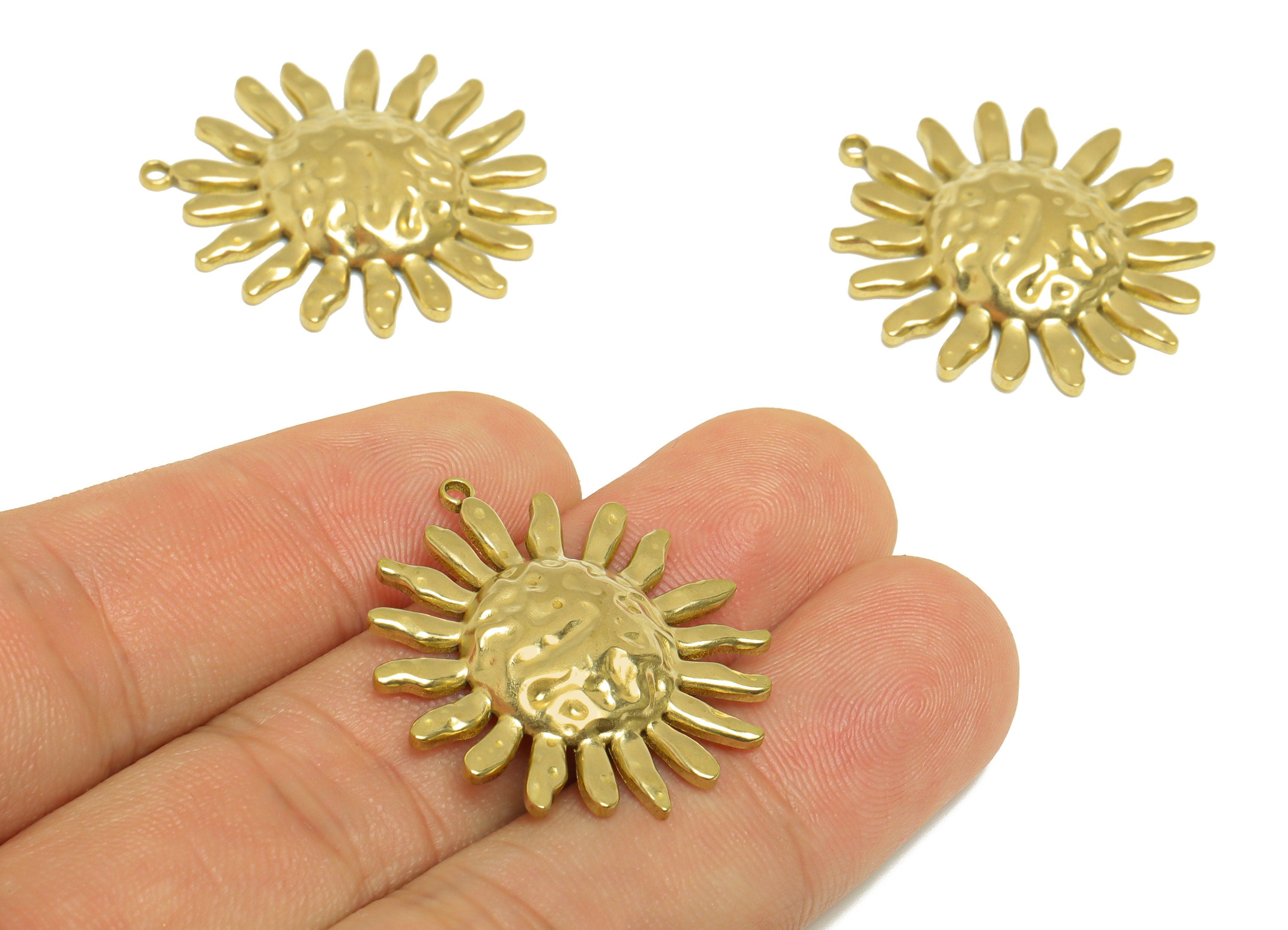 Brass Flower Earring Charm - Raw Brass Hammered Sunflower Earring Charm - Brass Flower Pendant - For Necklace - 31x27.2x4.28mm - PP10180 - DOMEDBAZAAR