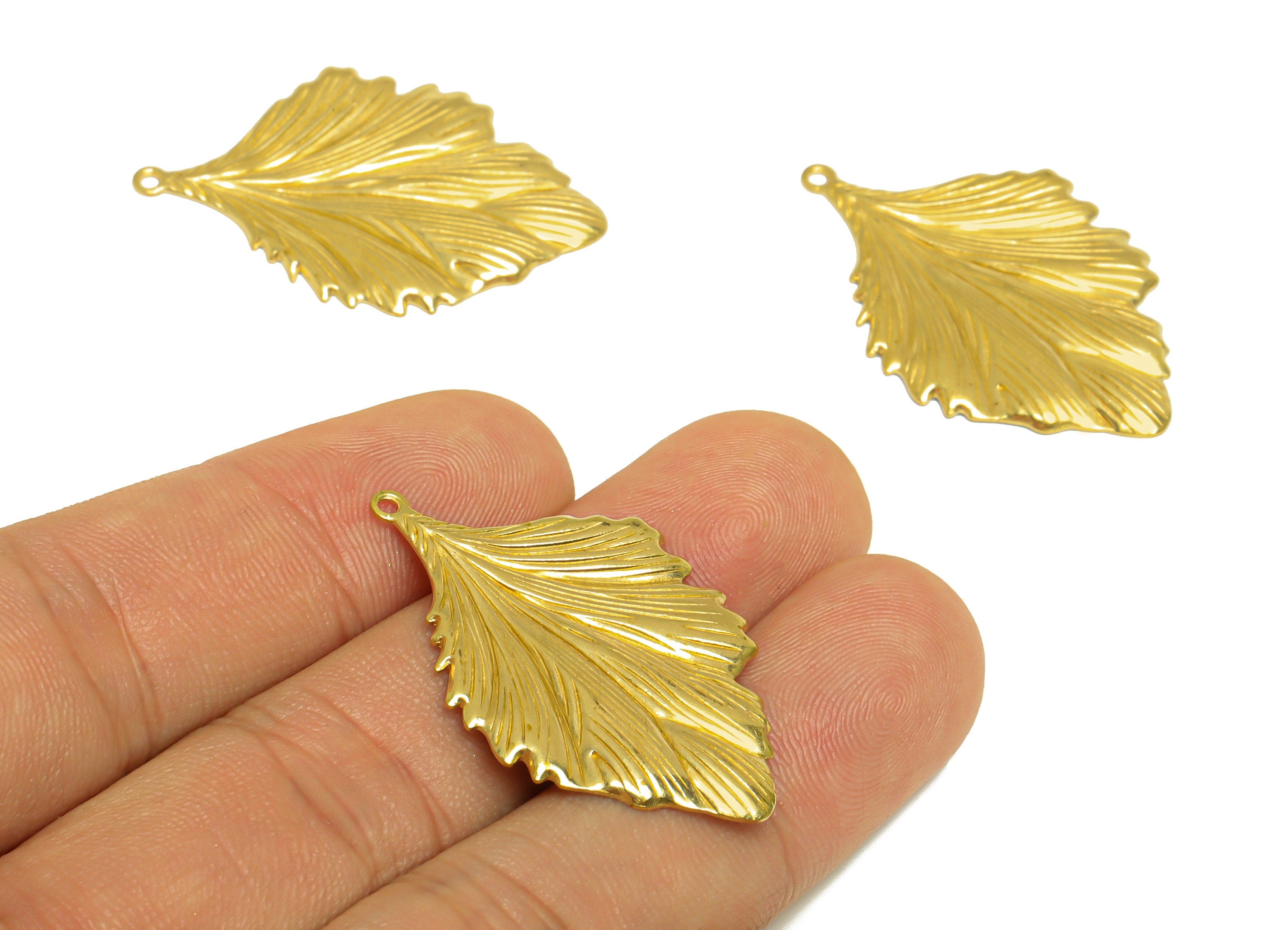 Brass Leaf Earring Charm - Raw Brass Textured Leaf Earring Charm - Brass Botanical Pendant - Brass Elm Charm - 37.2x24x1.7mm - PP10246 - DOMEDBAZAAR