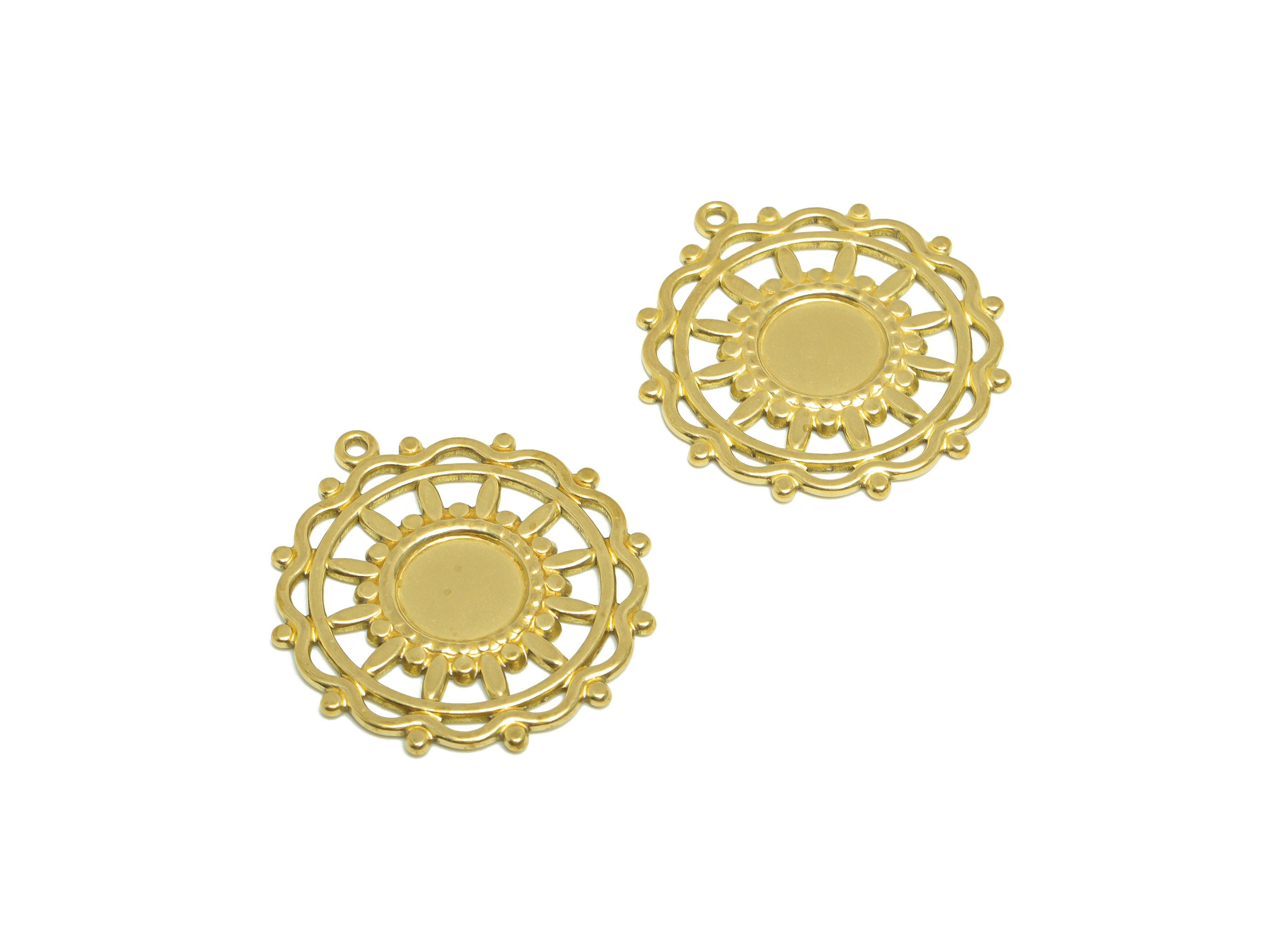 Brass Flower Earring Charm - Raw Brass Sunflower Earring Charm - Lace Round Pendant - For Necklace - For Diamond - 33.3x30.5x1.7mm - PP10171 - DOMEDBAZAAR
