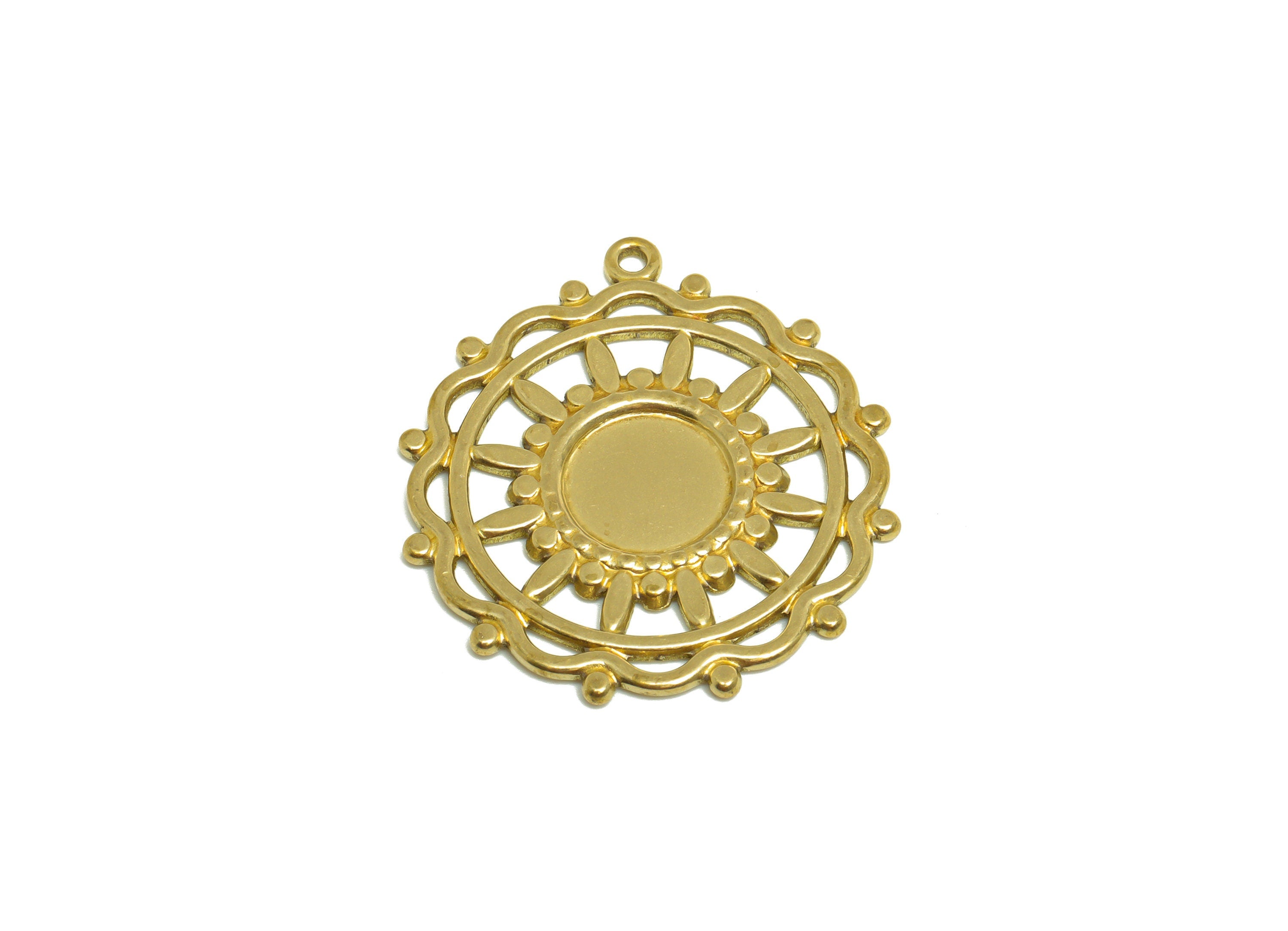 Brass Flower Earring Charm - Raw Brass Sunflower Earring Charm - Lace Round Pendant - For Necklace - For Diamond - 33.3x30.5x1.7mm - PP10171 - DOMEDBAZAAR
