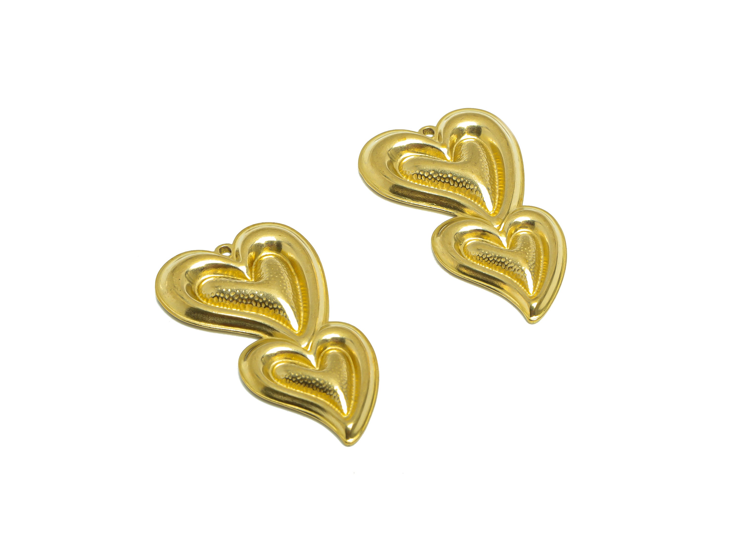 Brass Heart Earring Charm- Raw Brass Textured Heart Charm - Brass Double Heart Pendant - Cubic Heart Charm - 34.1x19.7x3.03mm - PP10175 - DOMEDBAZAAR