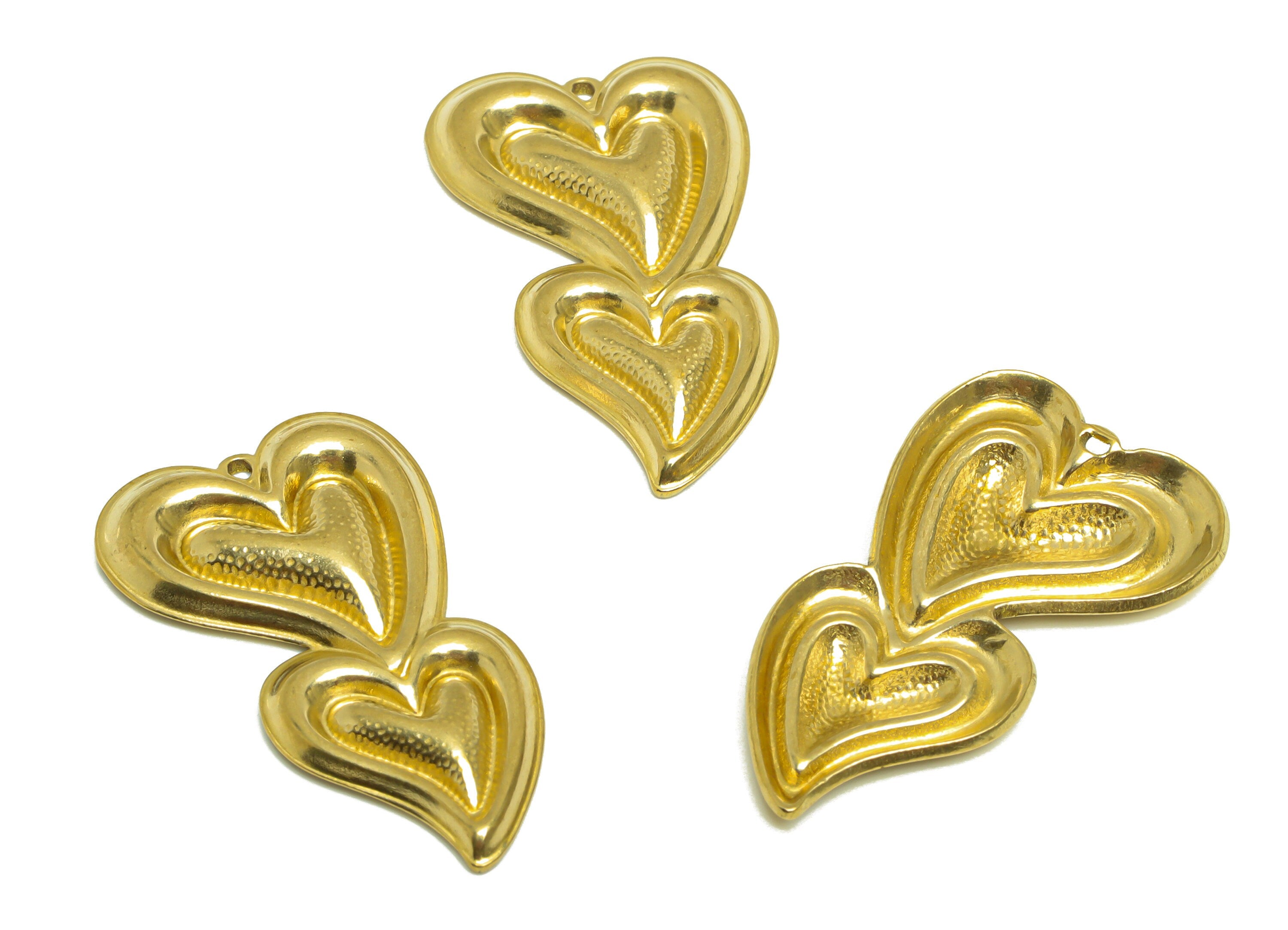 Brass Heart Earring Charm- Raw Brass Textured Heart Charm - Brass Double Heart Pendant - Cubic Heart Charm - 34.1x19.7x3.03mm - PP10175 - DOMEDBAZAAR
