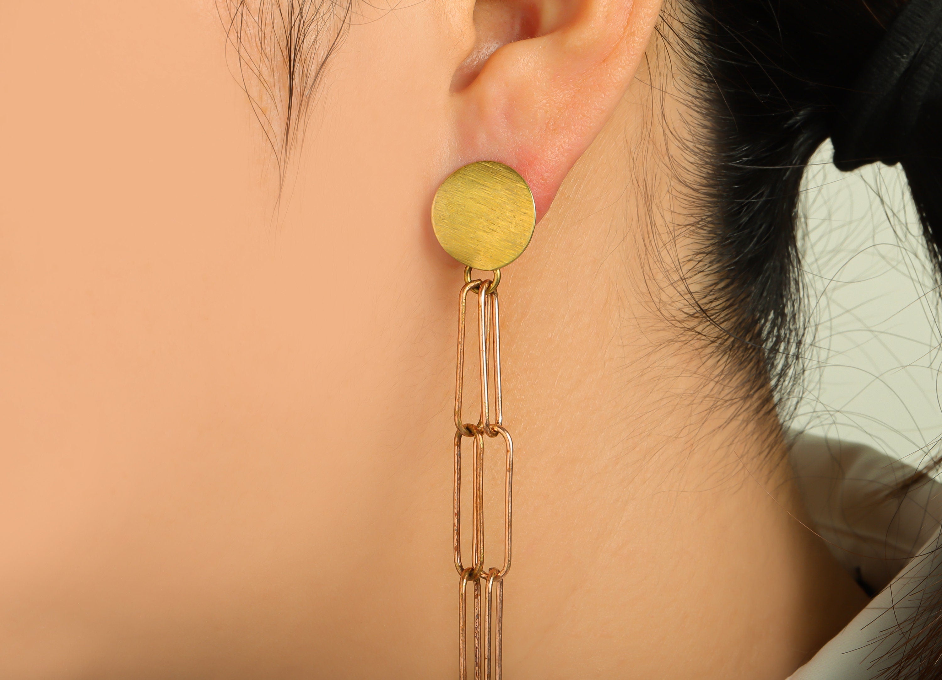 Brass Round Earring Post - Raw Brass Dangle Chain Earring Stud - Interlock Dangle Earring Post - Chain Steel Post - 95x15x0.8mm - PP10409 - DOMEDBAZAAR