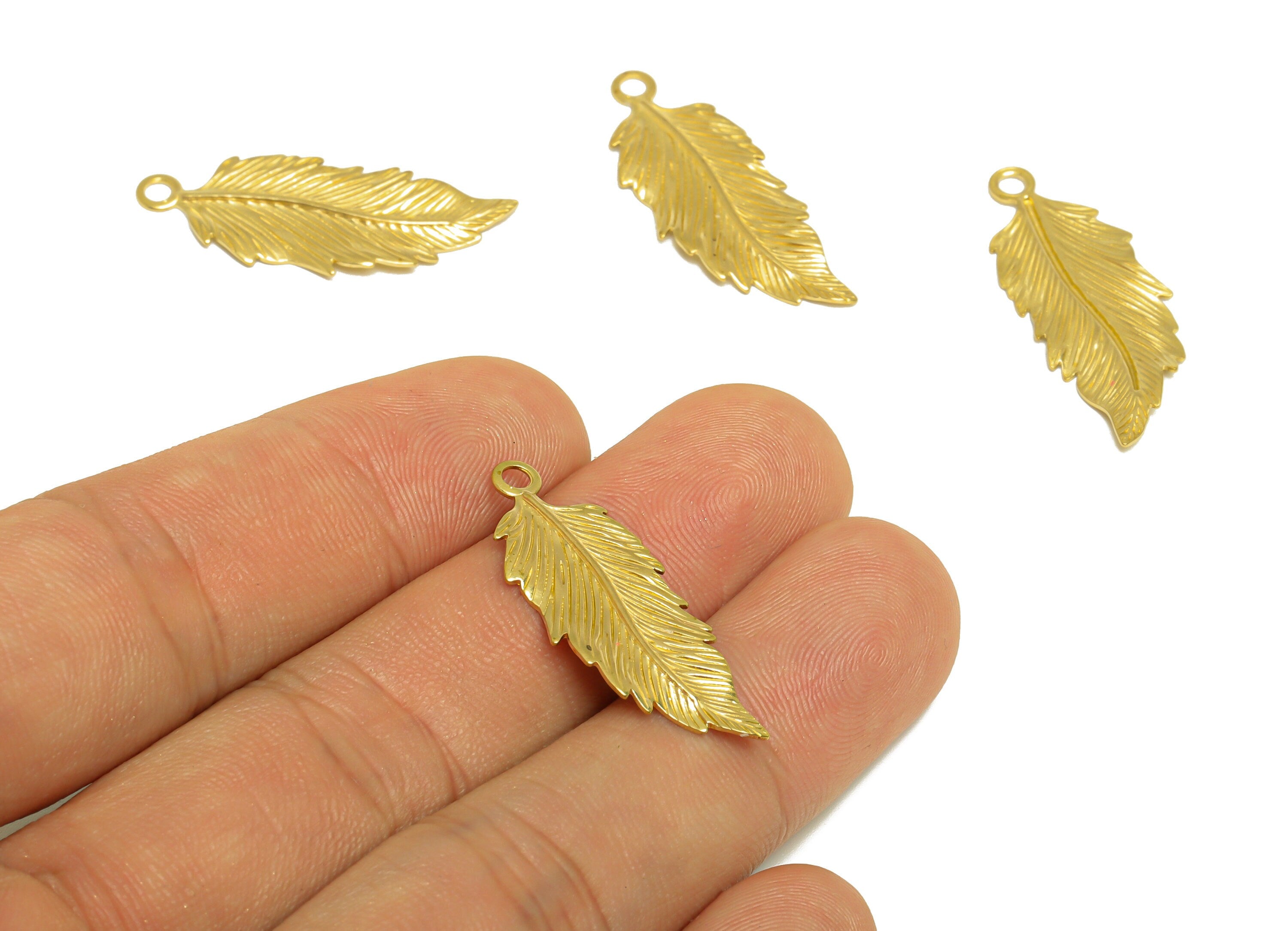 Brass Feather Earring Charm - Raw Brass Textured Earring Charm - Brass Feather Earring Charm - Earring Finding - 32x12.4x1.2mm - PP10244 - DOMEDBAZAAR