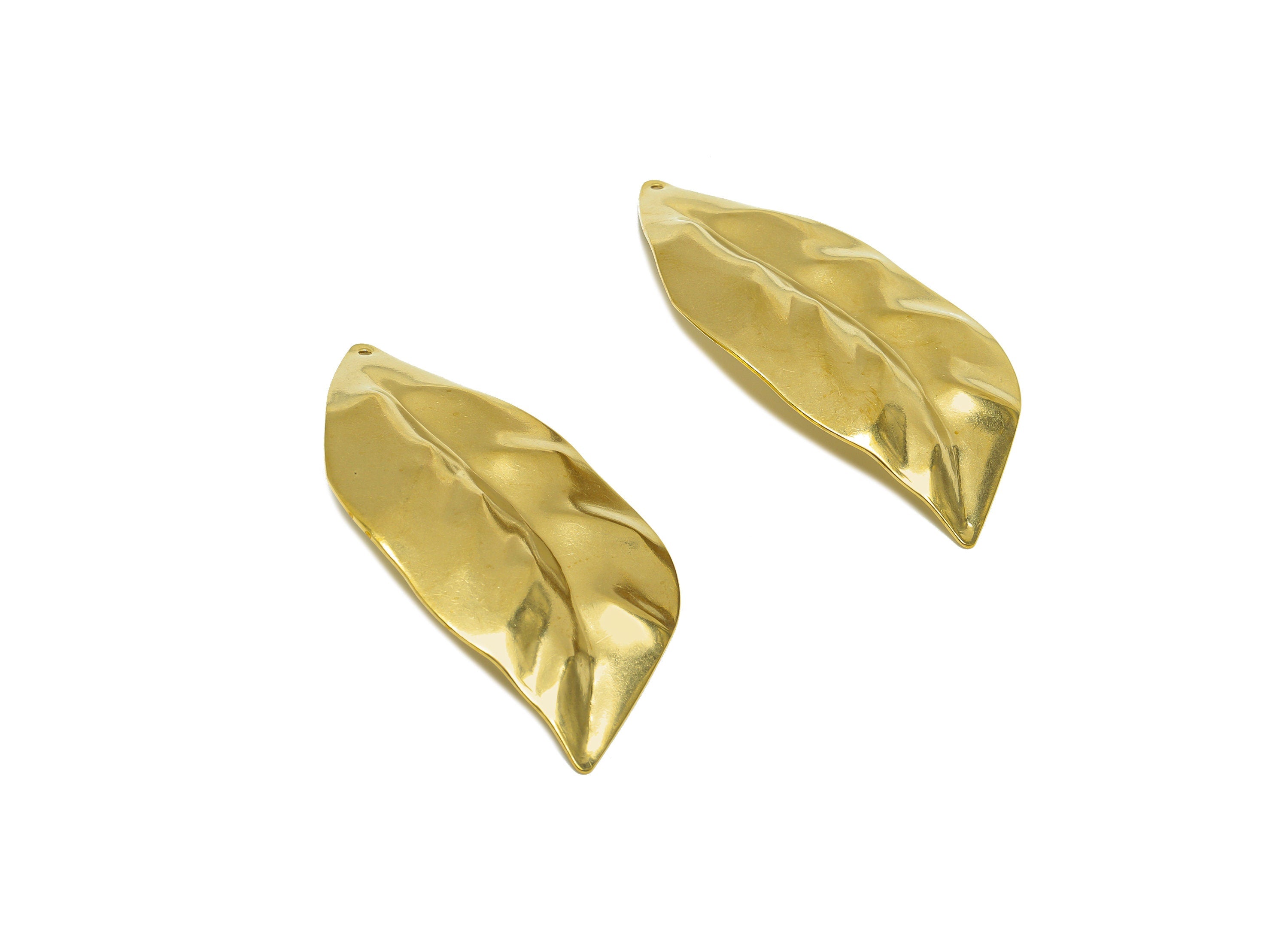 Brass Leaf Earring Charm - Raw Brass Big Leaf Earring Charm - Brass Bent Leaf Earring Charm - Botanical Earring Pendant - 67x34x2mm -PP10296 - DOMEDBAZAAR