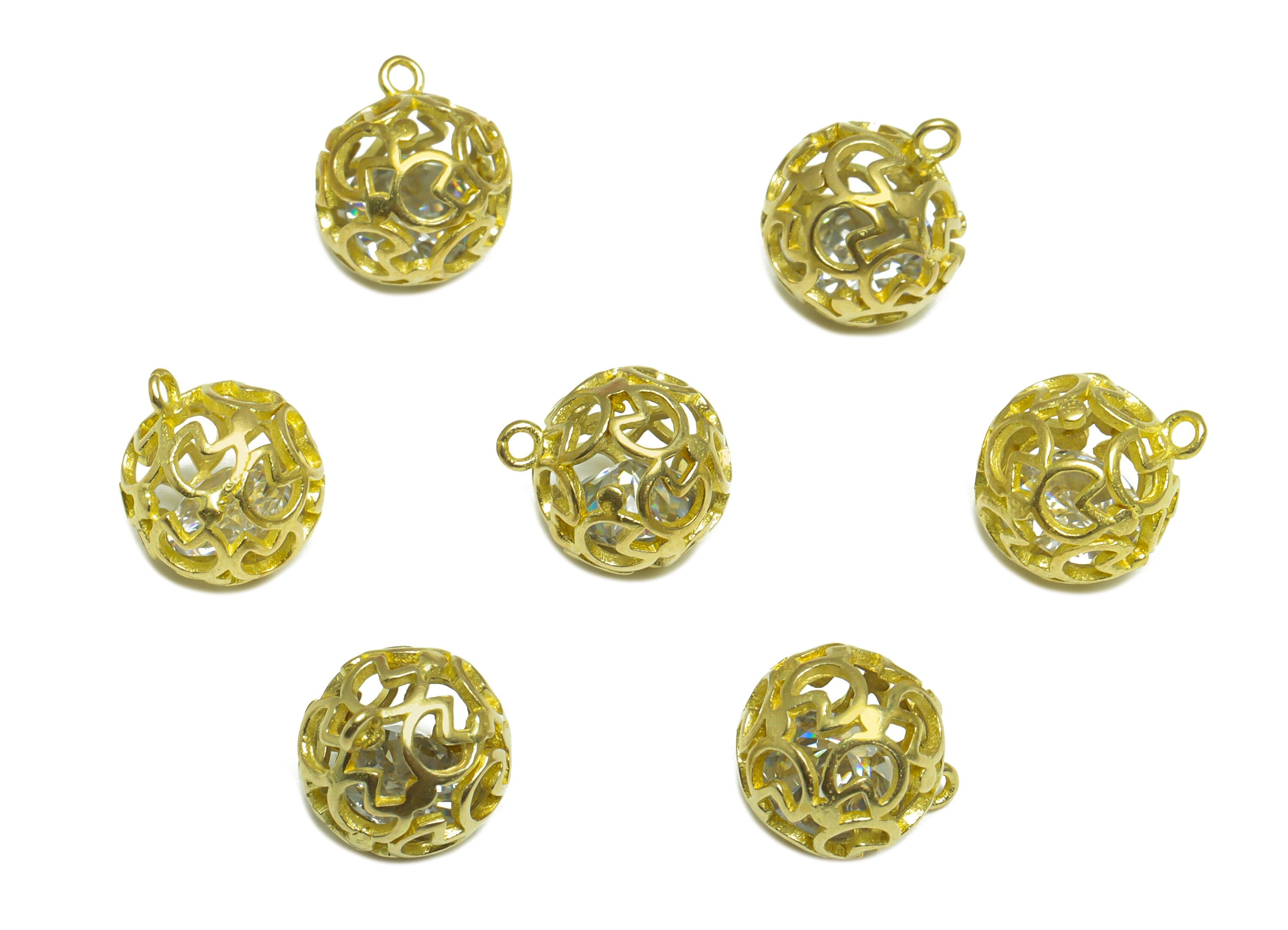 CZ Heart Ball Pendant - Brass CZ Cage Football Earring Charm - Cubic Zircon Charms With Loop - For Necklace - 12x9.5x9.5mm - PP10055 - DOMEDBAZAAR