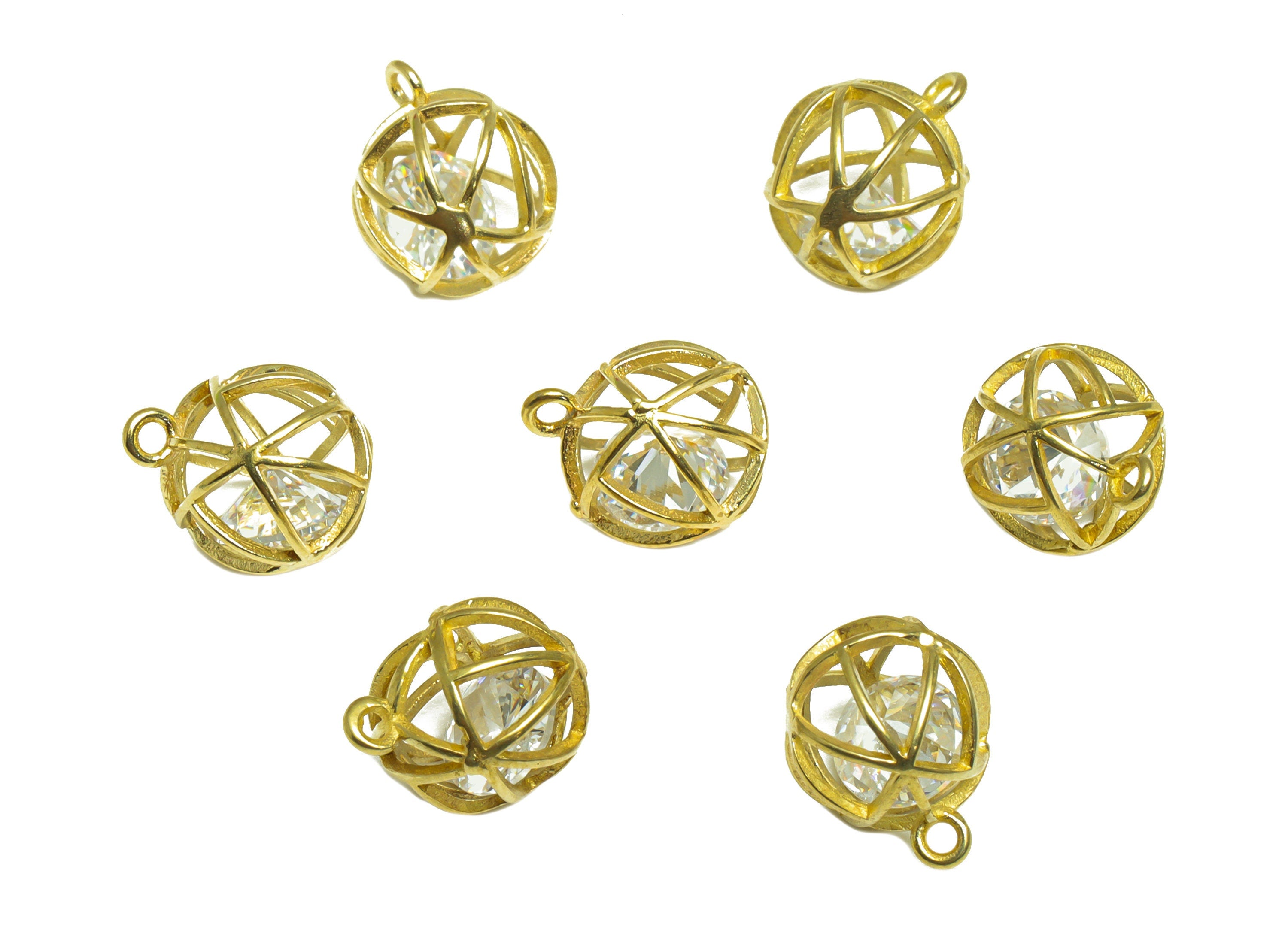 CZ Diamond Triangle Ball Pendant - Brass CZ Cage Football Earring Charm - Cubic Zircon Charms With Loop - For Necklace - 11x9x10mm - PP10070 - DOMEDBAZAAR