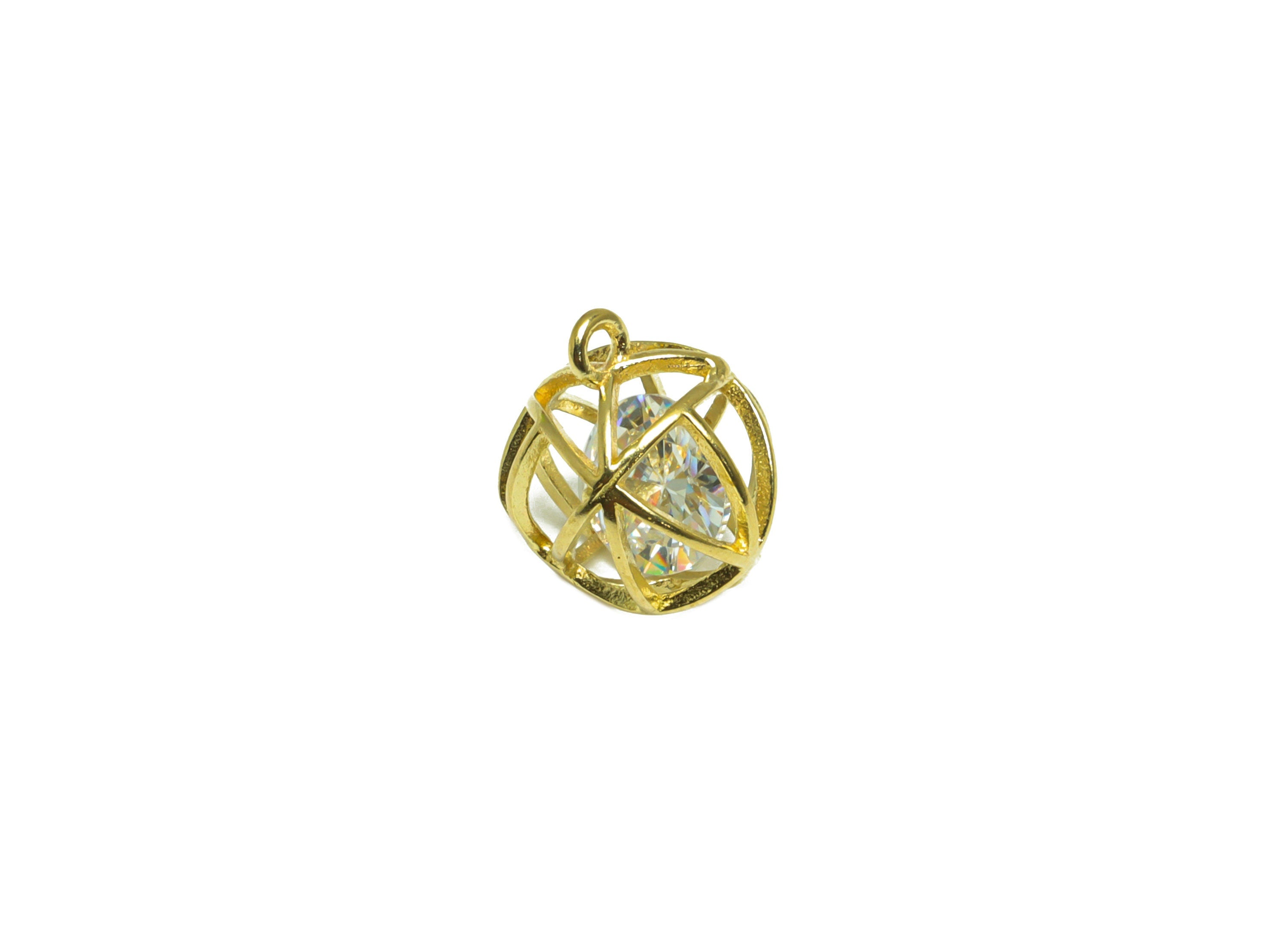 CZ Diamond Triangle Ball Pendant - Brass CZ Cage Football Earring Charm - Cubic Zircon Charms With Loop - For Necklace - 11x9x10mm - PP10070 - DOMEDBAZAAR