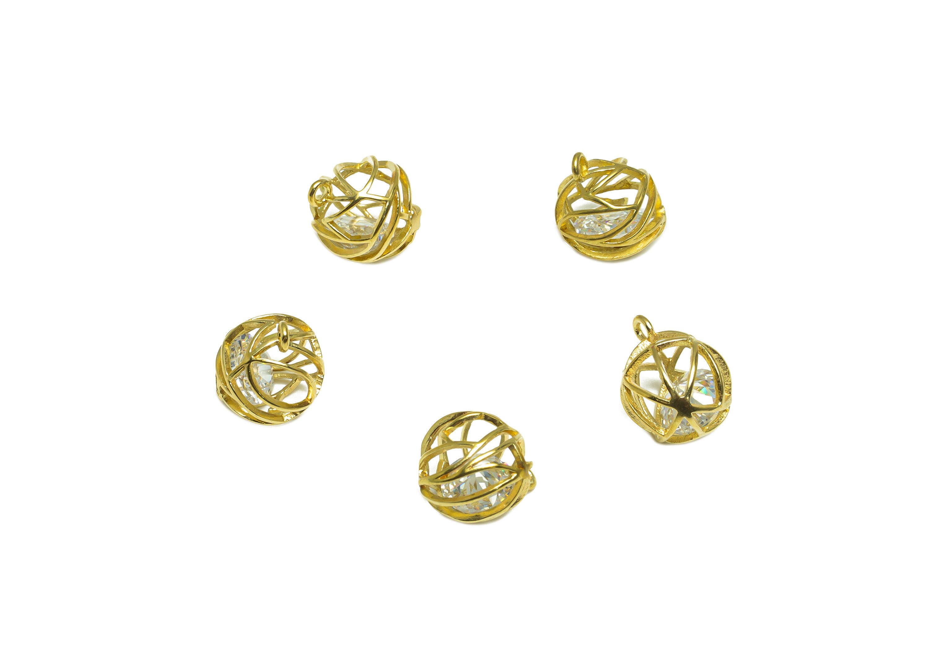 CZ Diamond Ball Pendant - Brass CZ Cage Football Earring Charm - Cubic Zircon Charms With Loop - For Necklace - 12x9.9x9.9mm - PP10069 - DOMEDBAZAAR