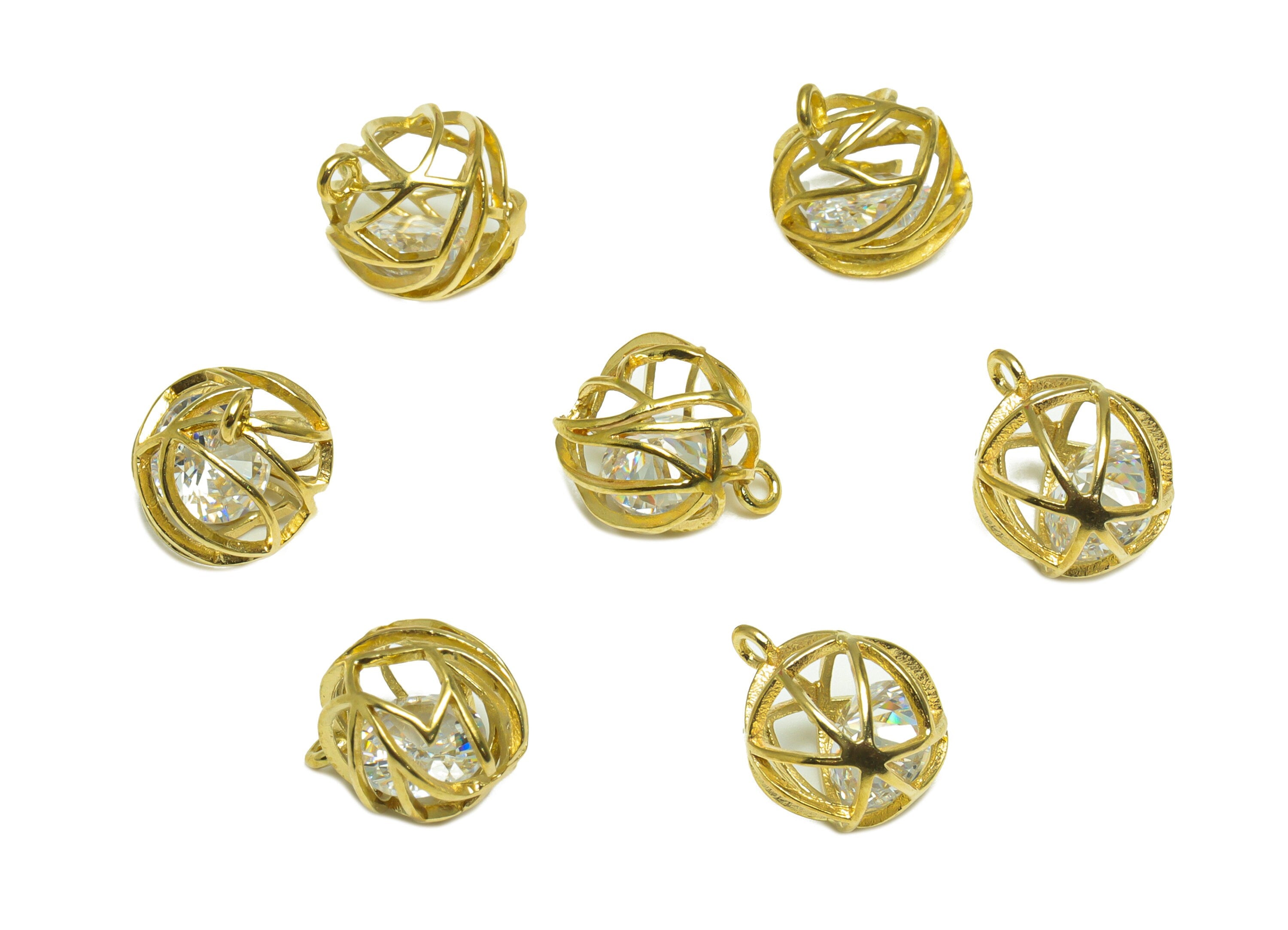 CZ Diamond Ball Pendant - Brass CZ Cage Football Earring Charm - Cubic Zircon Charms With Loop - For Necklace - 12x9.9x9.9mm - PP10069 - DOMEDBAZAAR