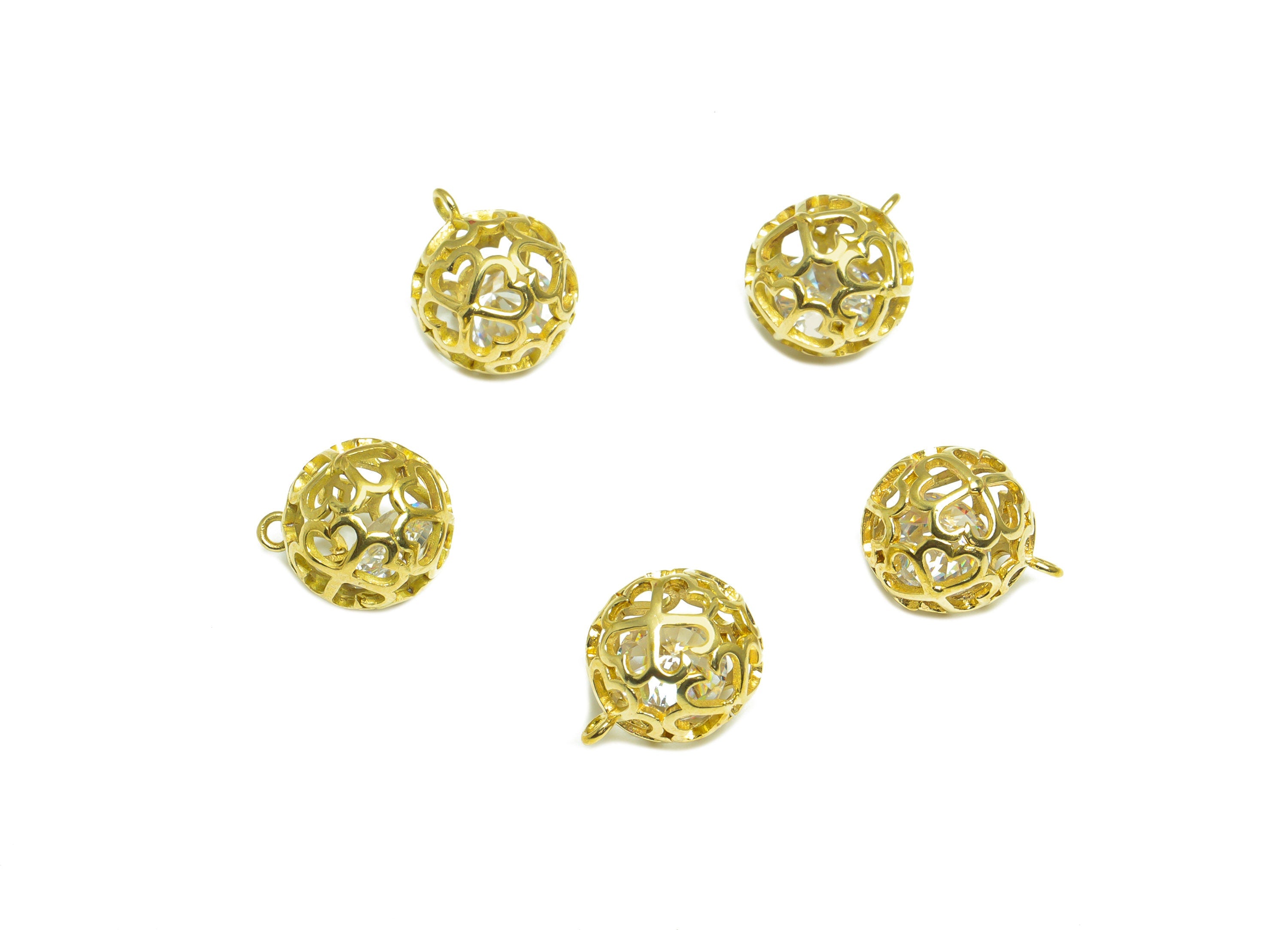 CZ Diamond Heart Ball Pendant - Brass CZ Cage Football Earring Charm - Cubic Zircon Charms With Loop - For Necklace - 12.5x10x10mm - PP10054 - DOMEDBAZAAR