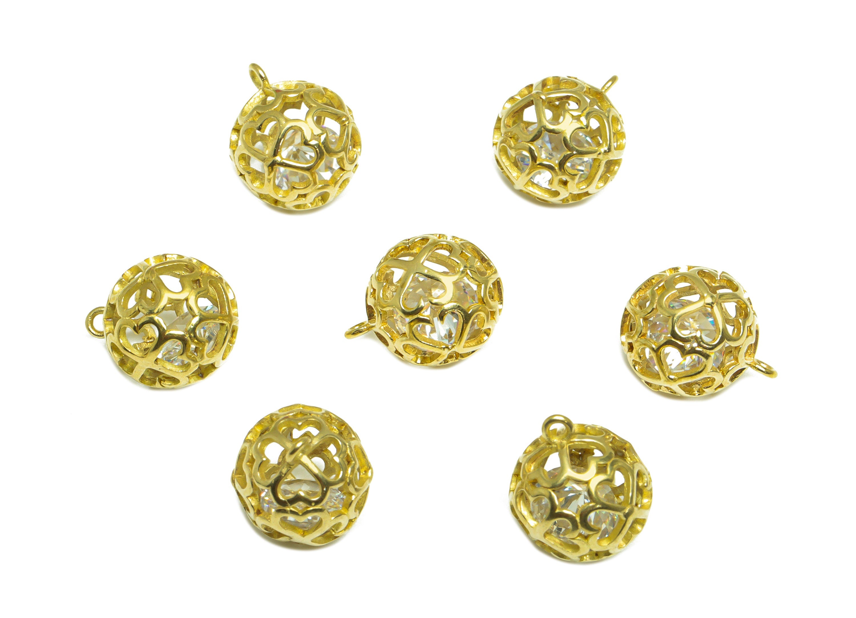 CZ Diamond Heart Ball Pendant - Brass CZ Cage Football Earring Charm - Cubic Zircon Charms With Loop - For Necklace - 12.5x10x10mm - PP10054 - DOMEDBAZAAR
