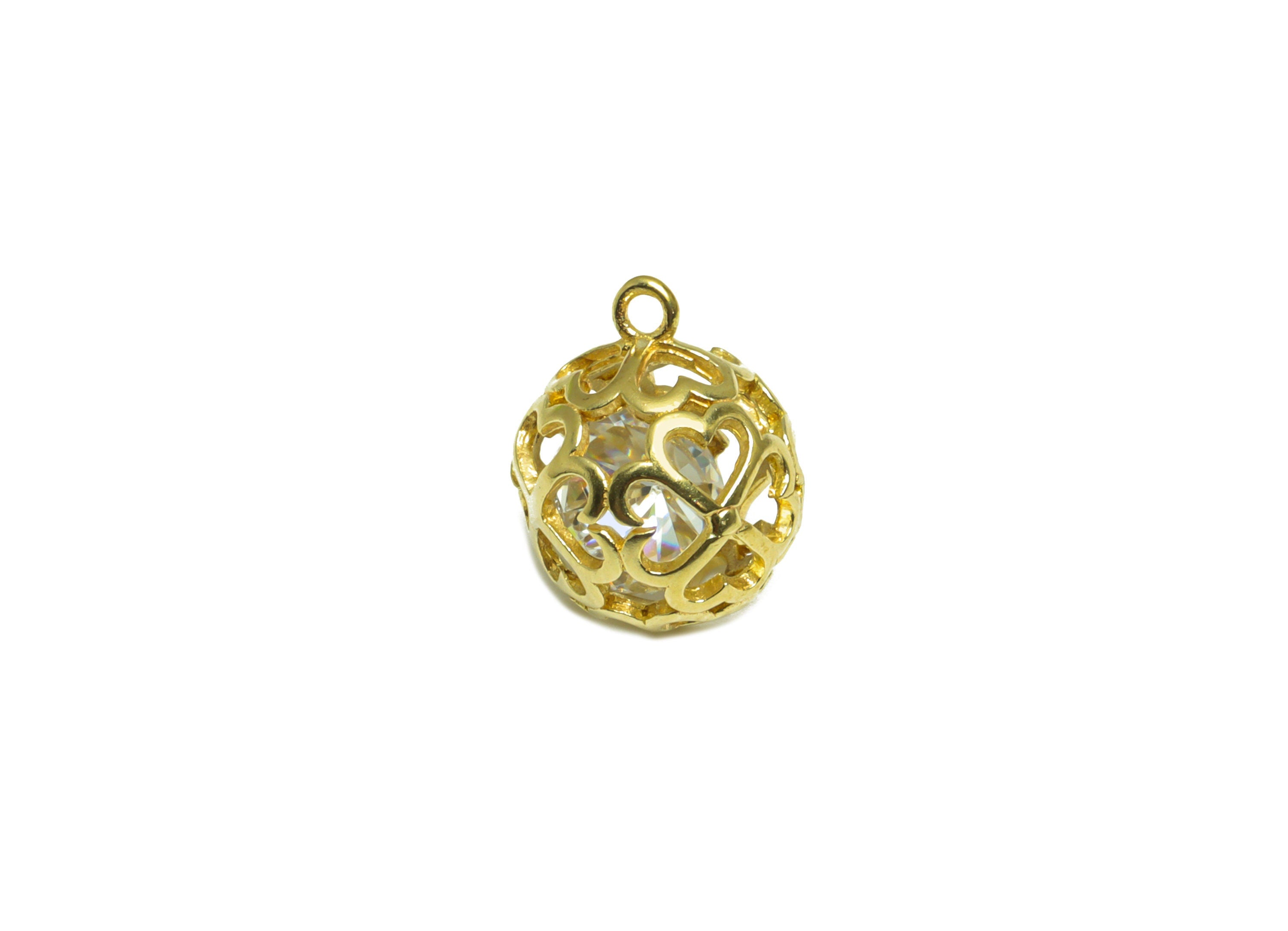 CZ Diamond Heart Ball Pendant - Brass CZ Cage Football Earring Charm - Cubic Zircon Charms With Loop - For Necklace - 12.5x10x10mm - PP10054 - DOMEDBAZAAR