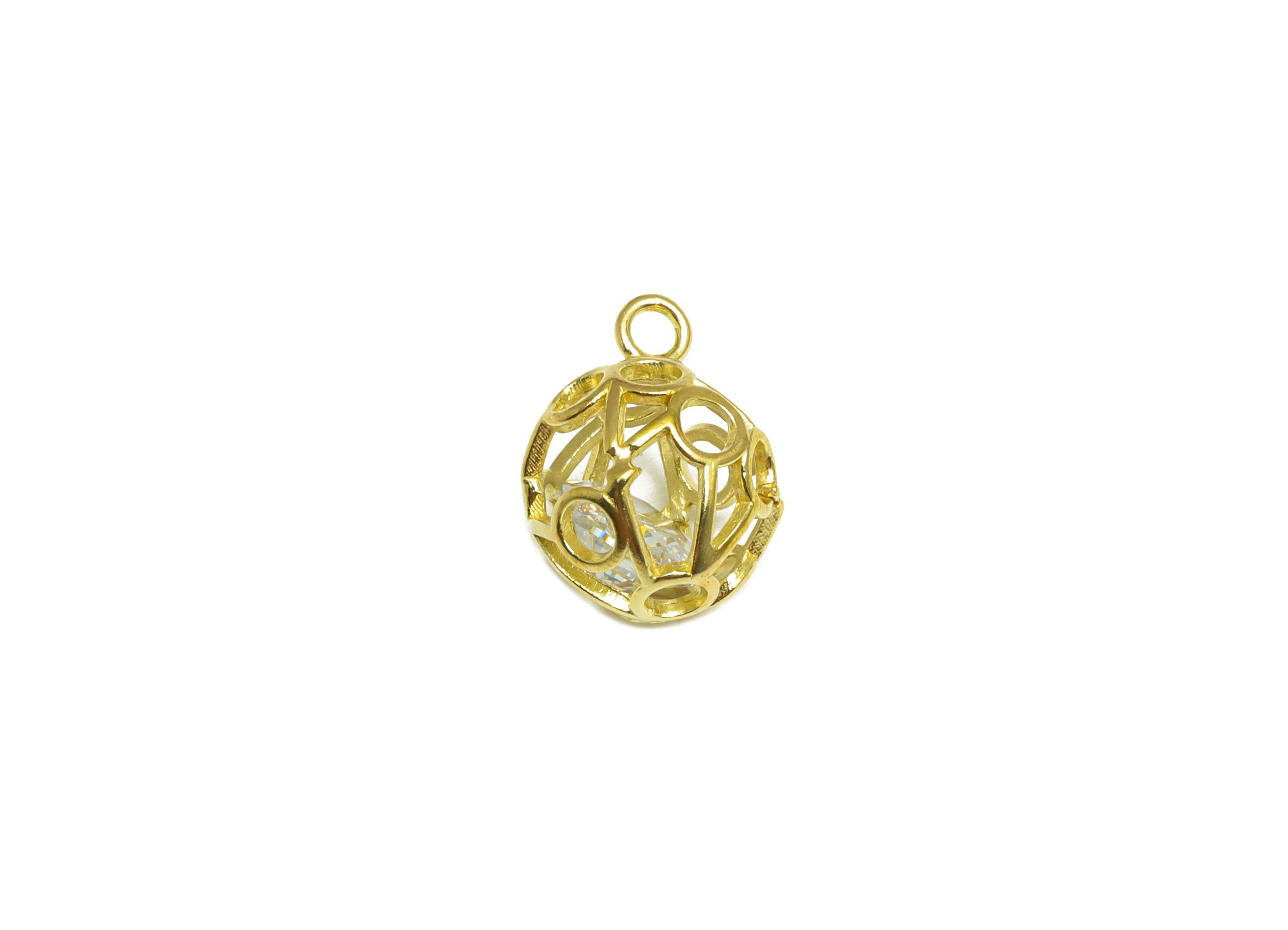 CZ Diamond Round Ball Pendant - Brass CZ Cage Football Earring Charm - Cubic Zircon Charms With Loop - For Necklace - 12.5x10x10mm - PP10092 - DOMEDBAZAAR