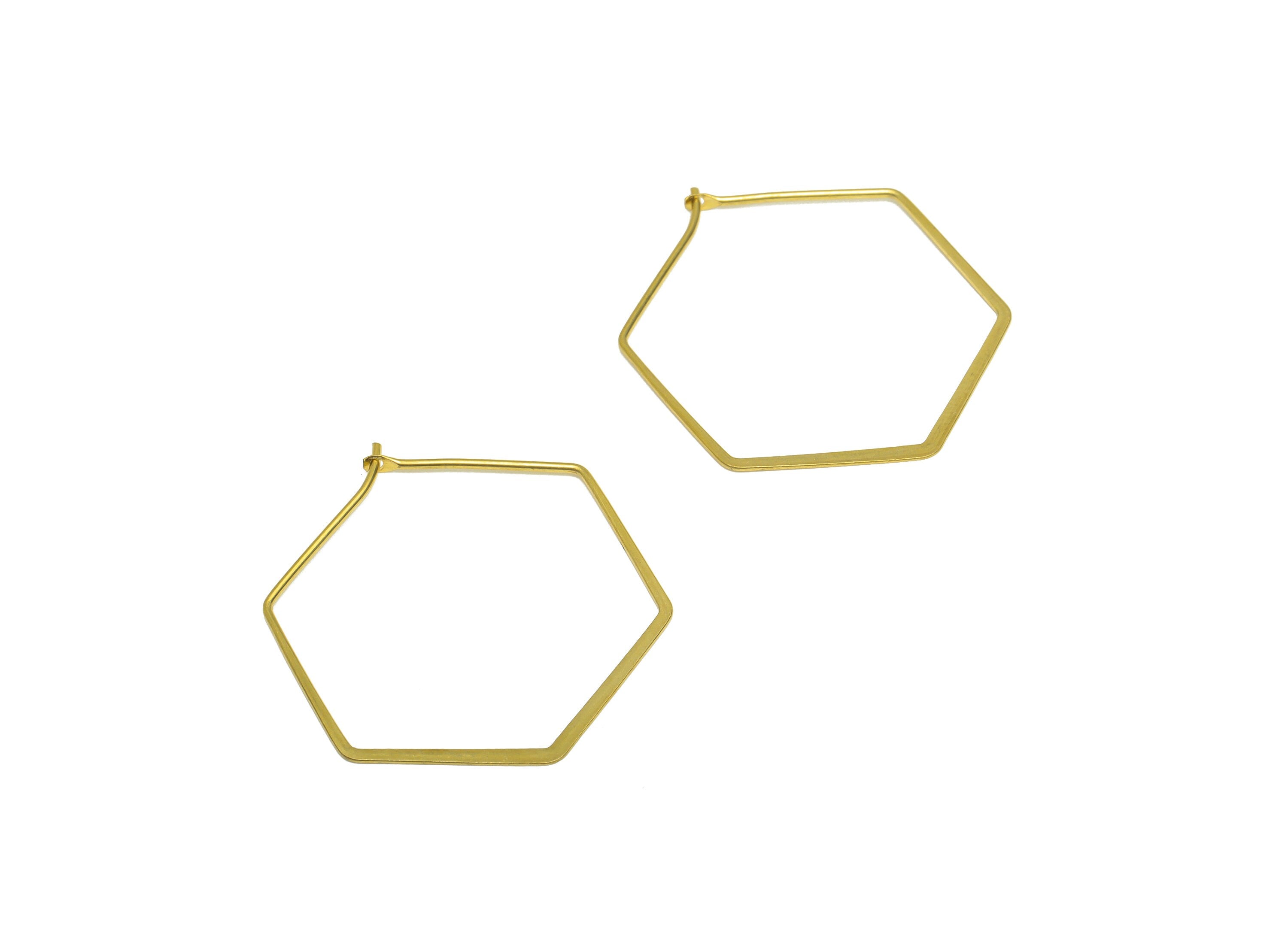 Brass Hexagon Wire Hoop Earring - Raw Brass Hammered Hexagon Earring Wire - Geometry Wire Hoop Lock Earring Charm - 33x28x0.8mm - PP10422-30 - DOMEDBAZAAR