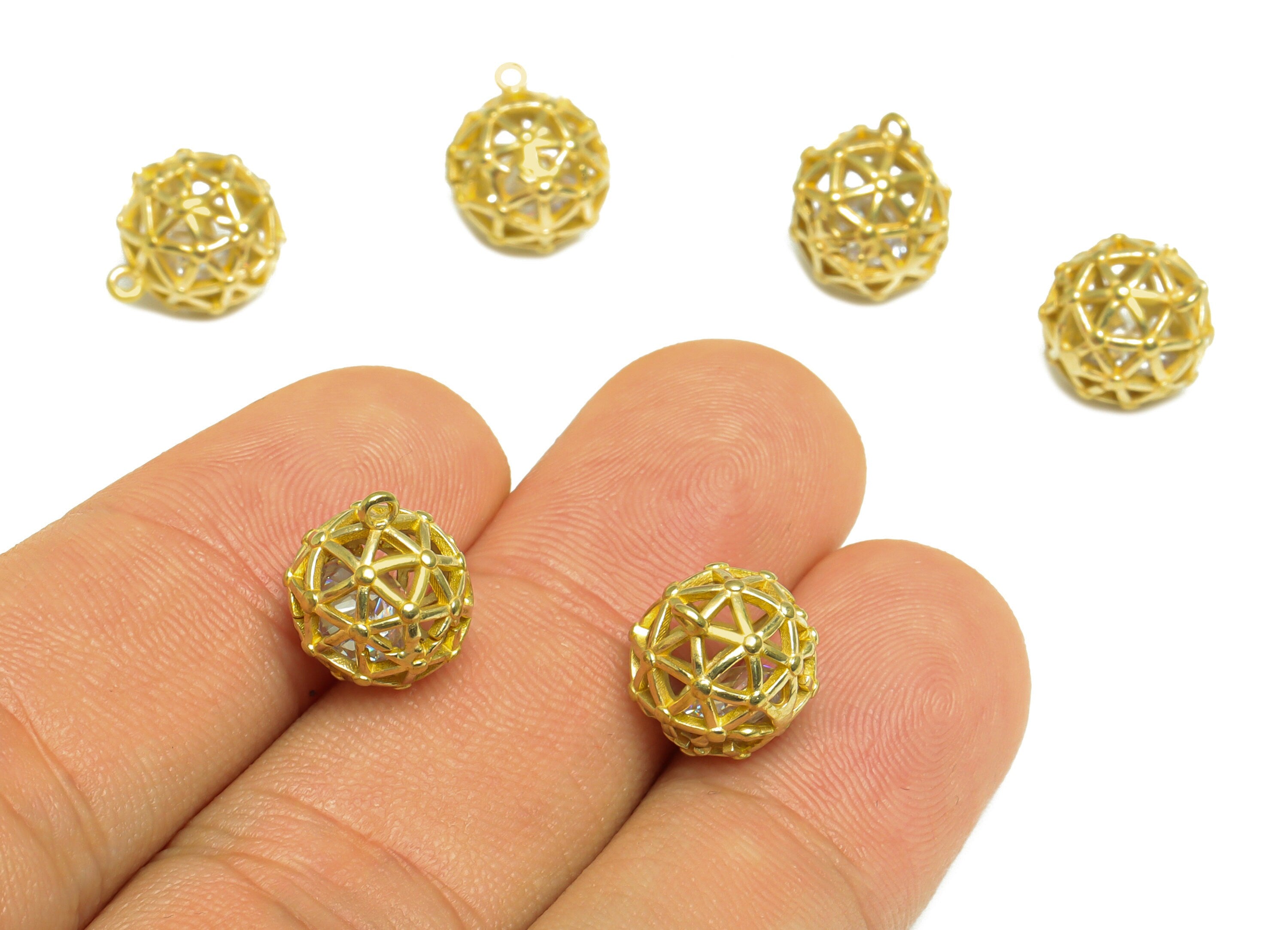 CZ Diamond Triangle Ball Pendant - Brass CZ Cage Football Earring Charm - Cubic Zircon Charms With Loop - For Necklace - 12x10x10mm -PP10052 - DOMEDBAZAAR