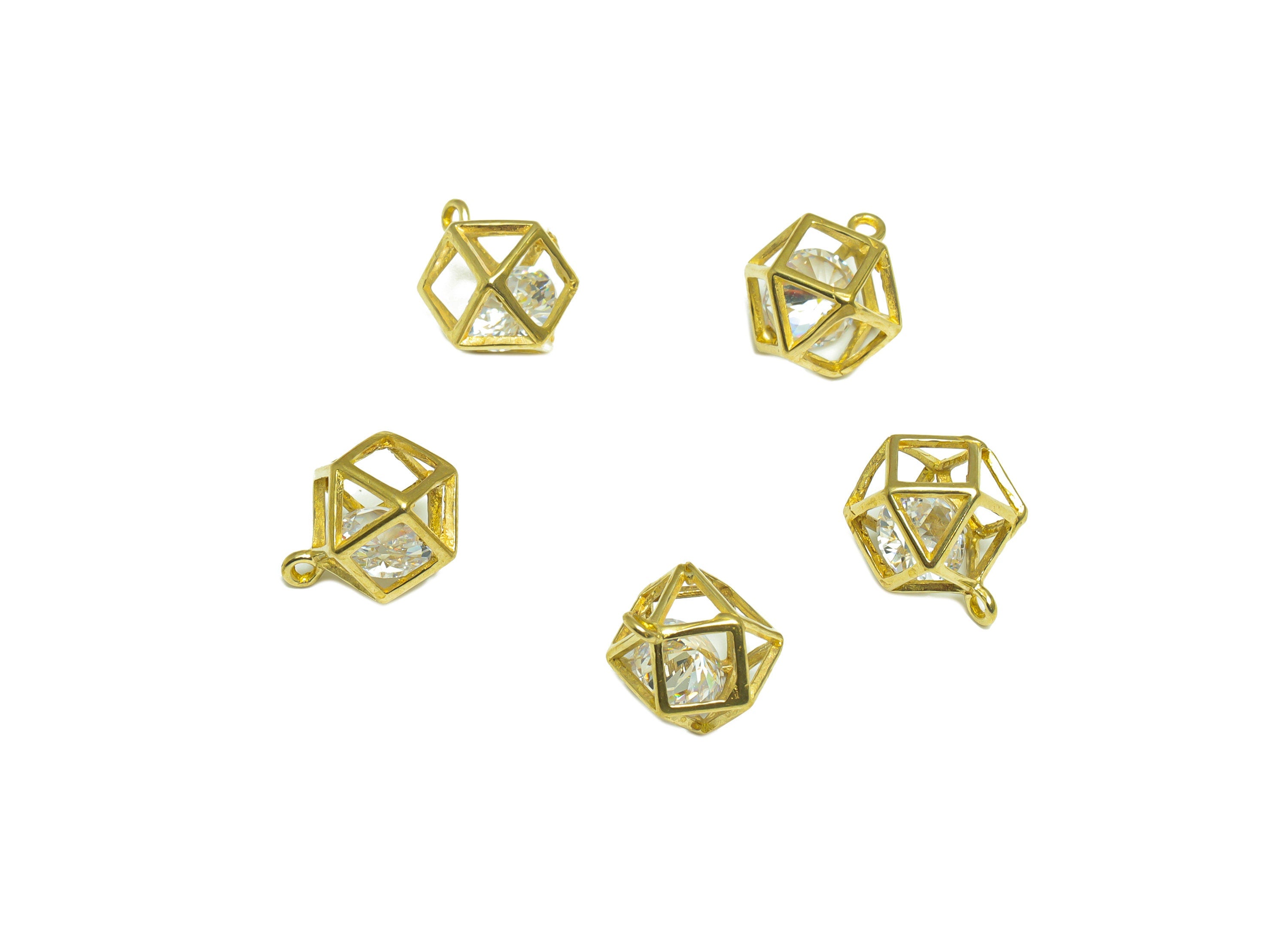 CZ Diamond Ball Pendant - Raw Brass Square CZ Cage Football Earring Charm - Triangle Geometry Zircon Pendant - 13x11x8mm - PP10053 - DOMEDBAZAAR