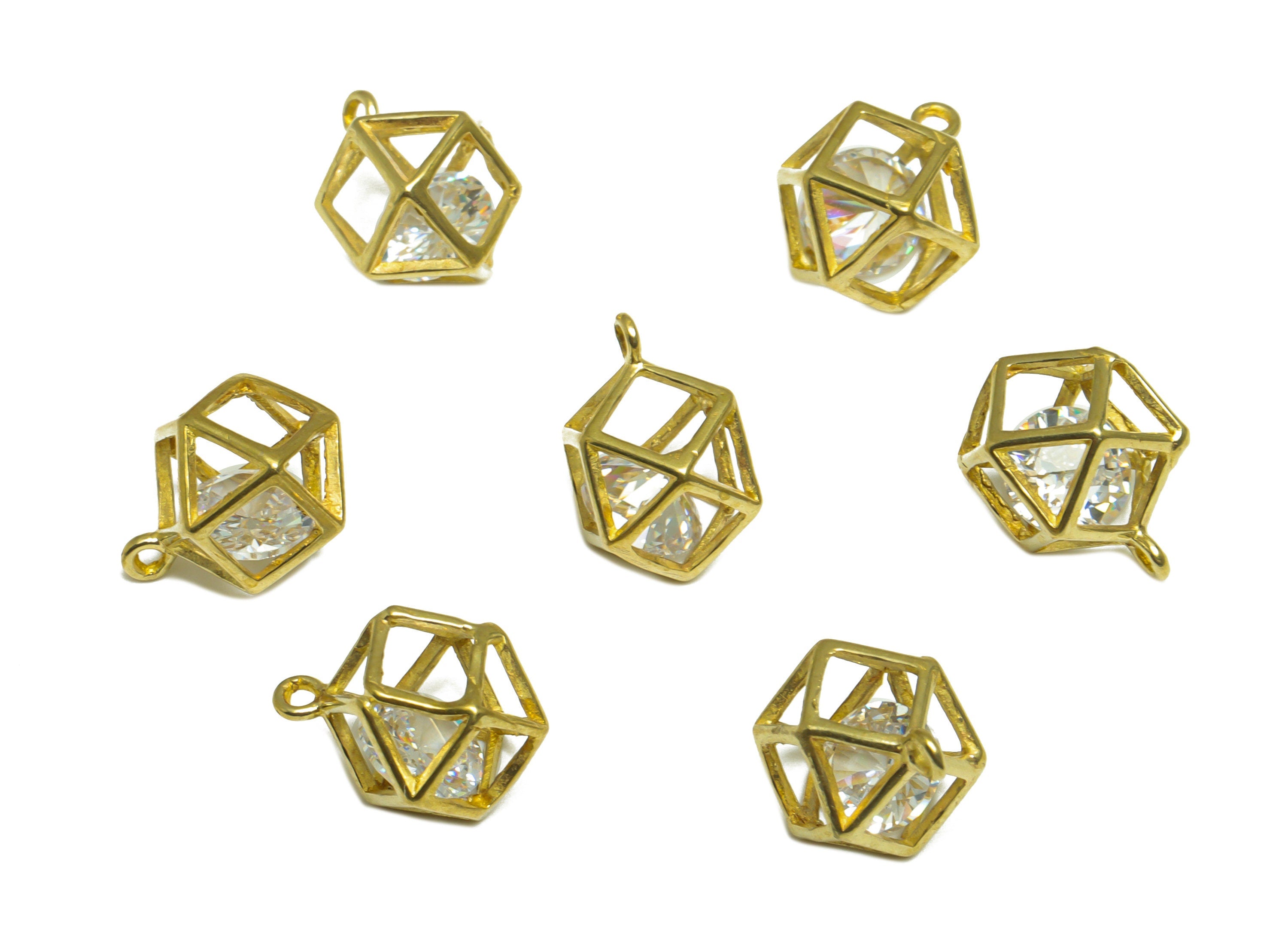 CZ Diamond Ball Pendant - Raw Brass Square CZ Cage Football Earring Charm - Triangle Geometry Zircon Pendant - 13x11x8mm - PP10053 - DOMEDBAZAAR