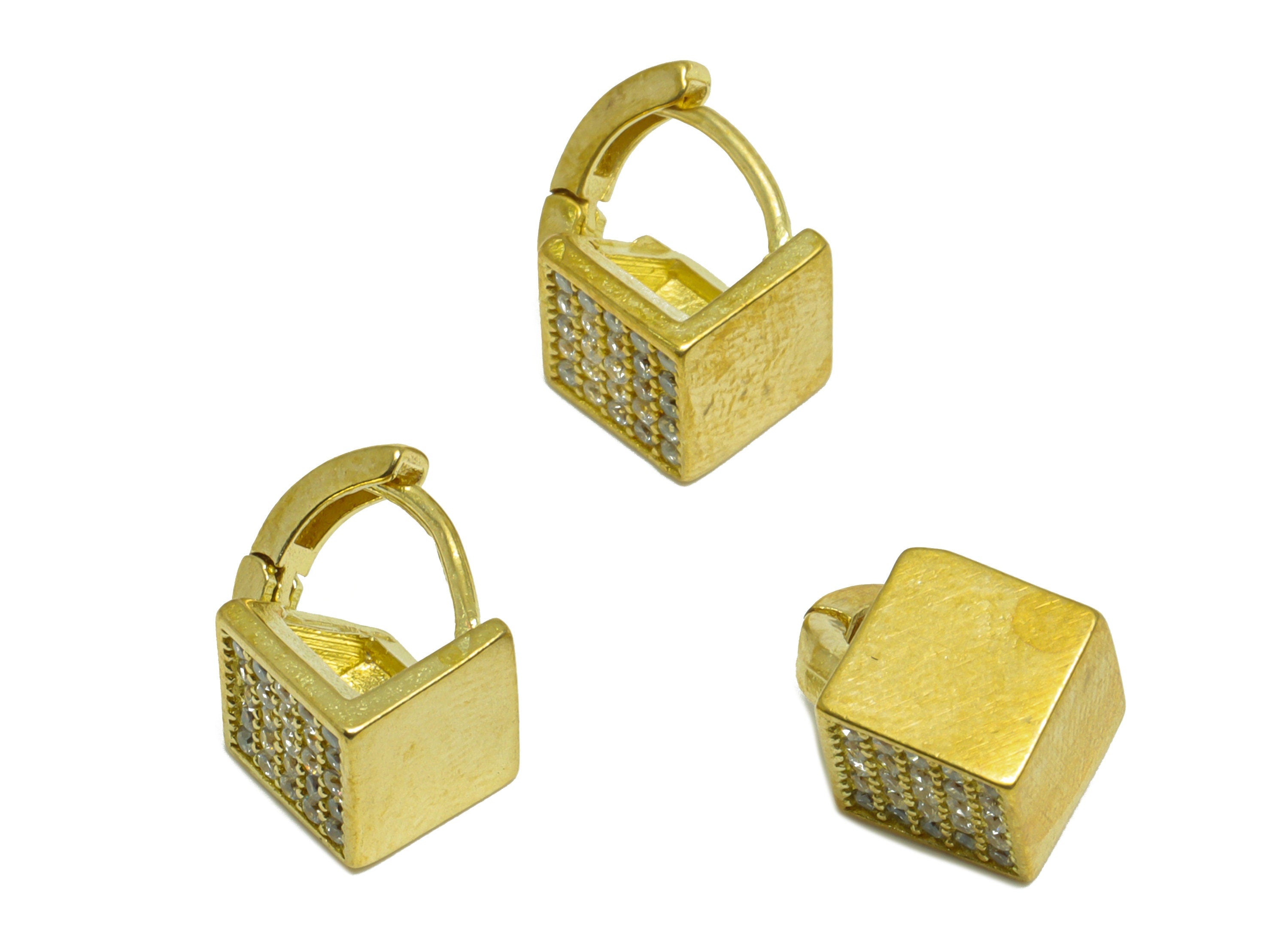 Brass CZ Cube Huggie Hoop Earring - Brass Square Hoop Cubic Zircon Earring - Brass Geometry Zircon Huggie Hoop Clasp - 12x12x7.4mm - PP10027 - DOMEDBAZAAR