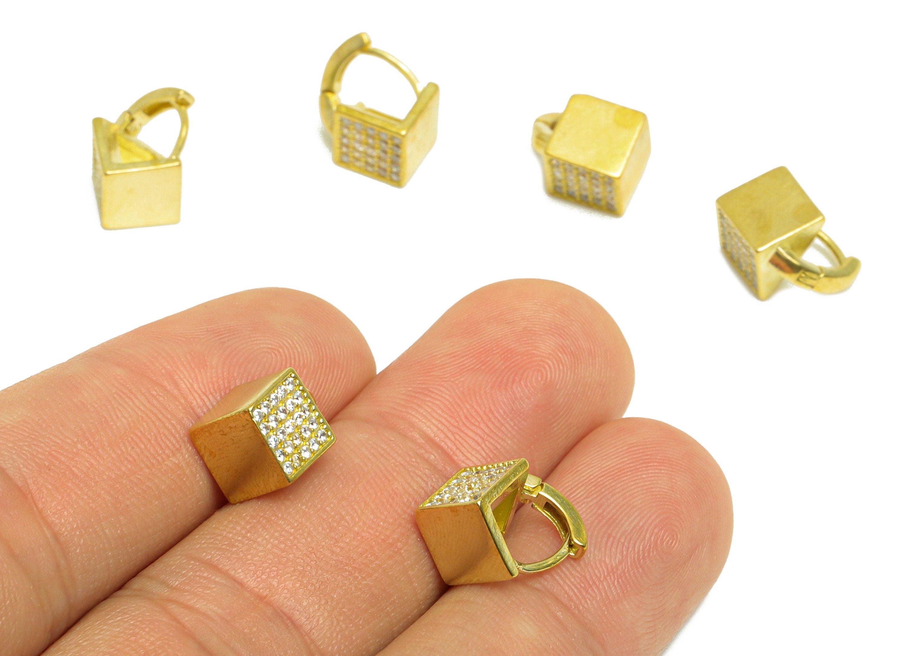 Brass CZ Cube Huggie Hoop Earring - Brass Square Hoop Cubic Zircon Earring - Brass Geometry Zircon Huggie Hoop Clasp - 12x12x7.4mm - PP10027 - DOMEDBAZAAR