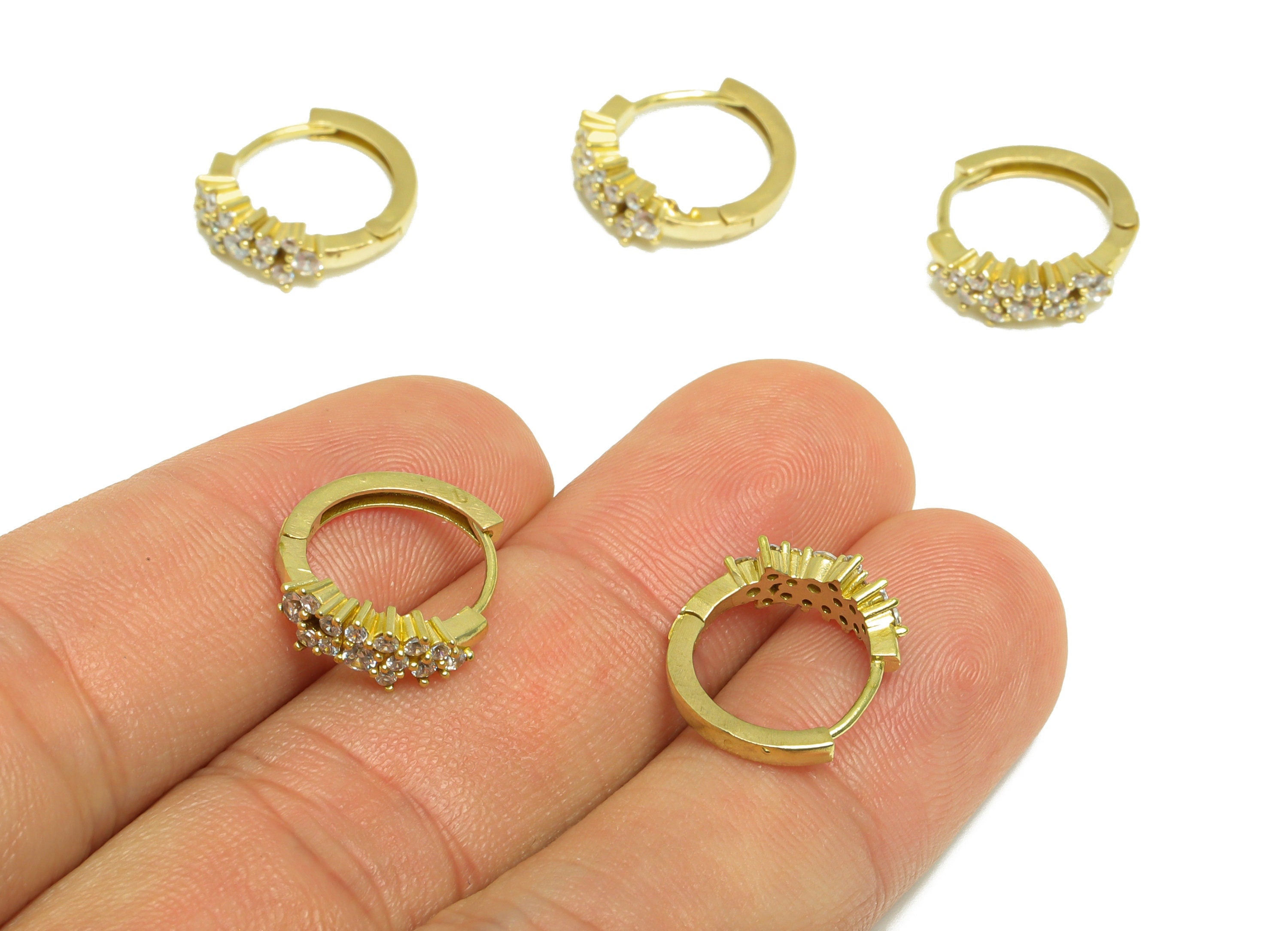 Brass CZ Bead Huggie Hoop Earring - Raw Brass Flower Cubic Zircon Earring - Brass Beaded Huggie Clasp Hoop Earring - 15.7x13.1x5mm - PP10009 - DOMEDBAZAAR