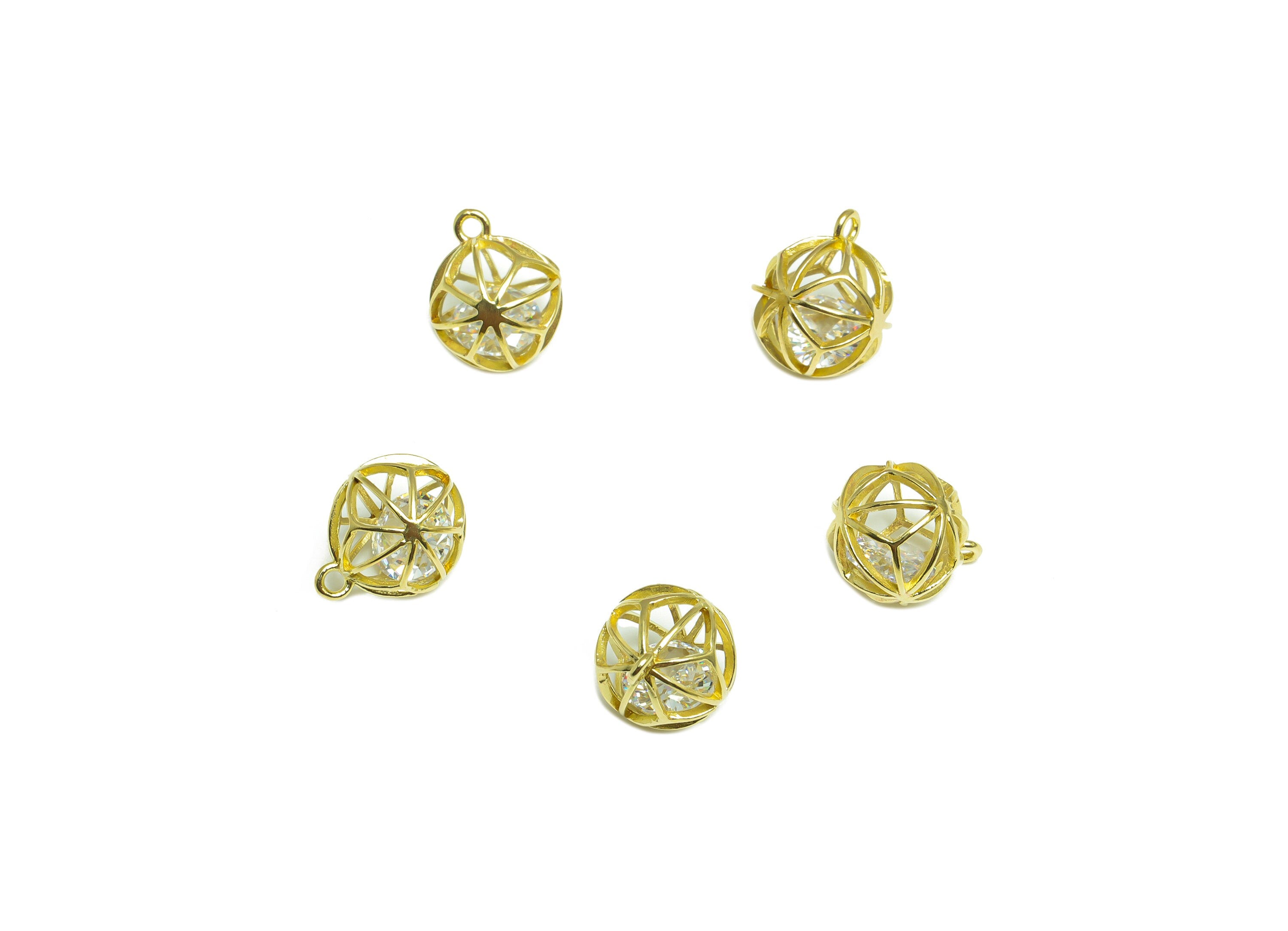 CZ Diamond Ball Pendant - Raw Brass CZ Cage Football Earring Charm - Cubic Zircon Charms With Loop - For Necklace - 12x10x10mm - PP10102 - DOMEDBAZAAR