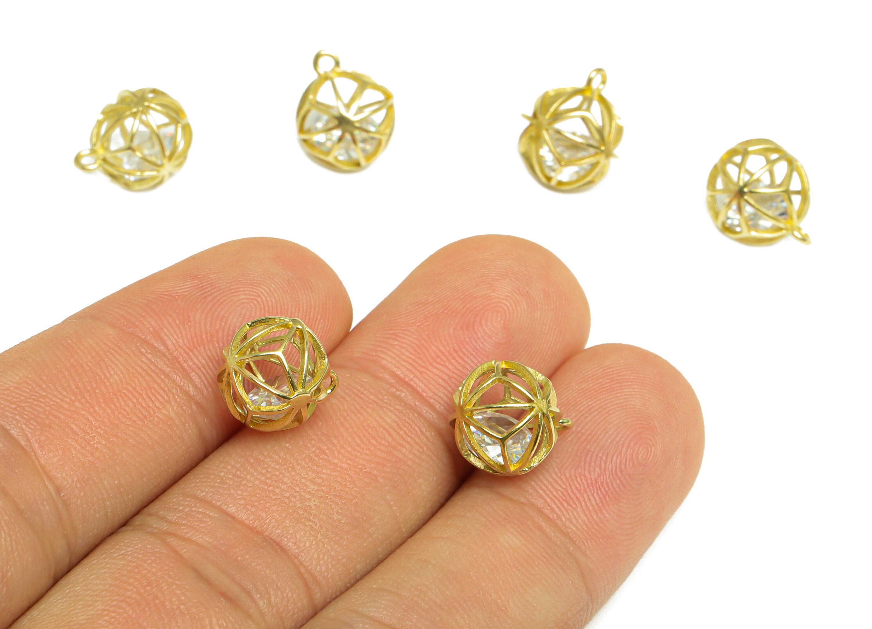 CZ Diamond Ball Pendant - Raw Brass CZ Cage Football Earring Charm - Cubic Zircon Charms With Loop - For Necklace - 12x10x10mm - PP10102 - DOMEDBAZAAR