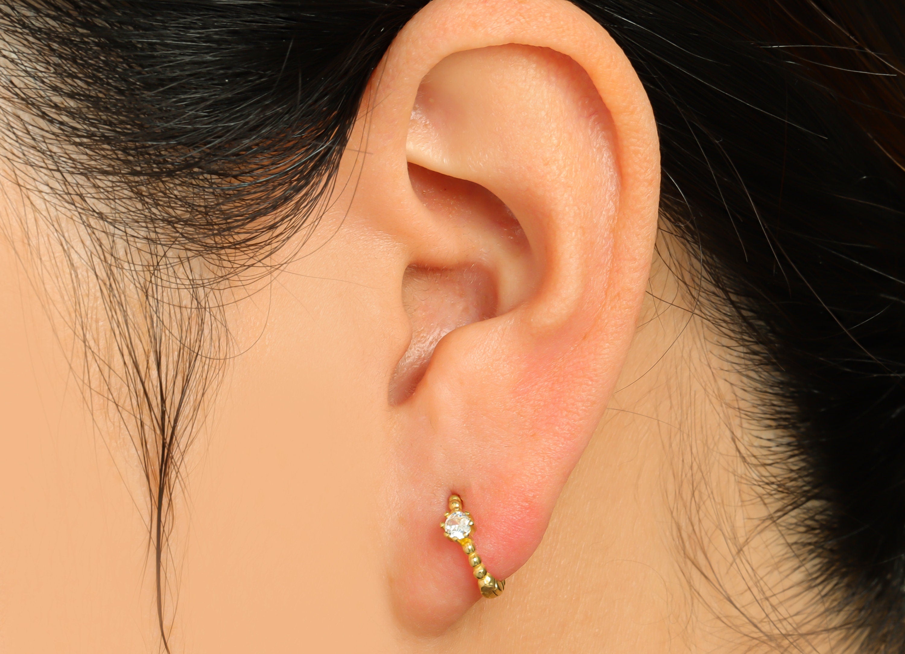 Brass CZ Ring Huggie Hoop Earring - Raw Brass Rectangle Cubic Zircon Earring - Brass Textured Huggie Hoop Earring - 15.6x15.3x3mm - PP10036 - DOMEDBAZAAR