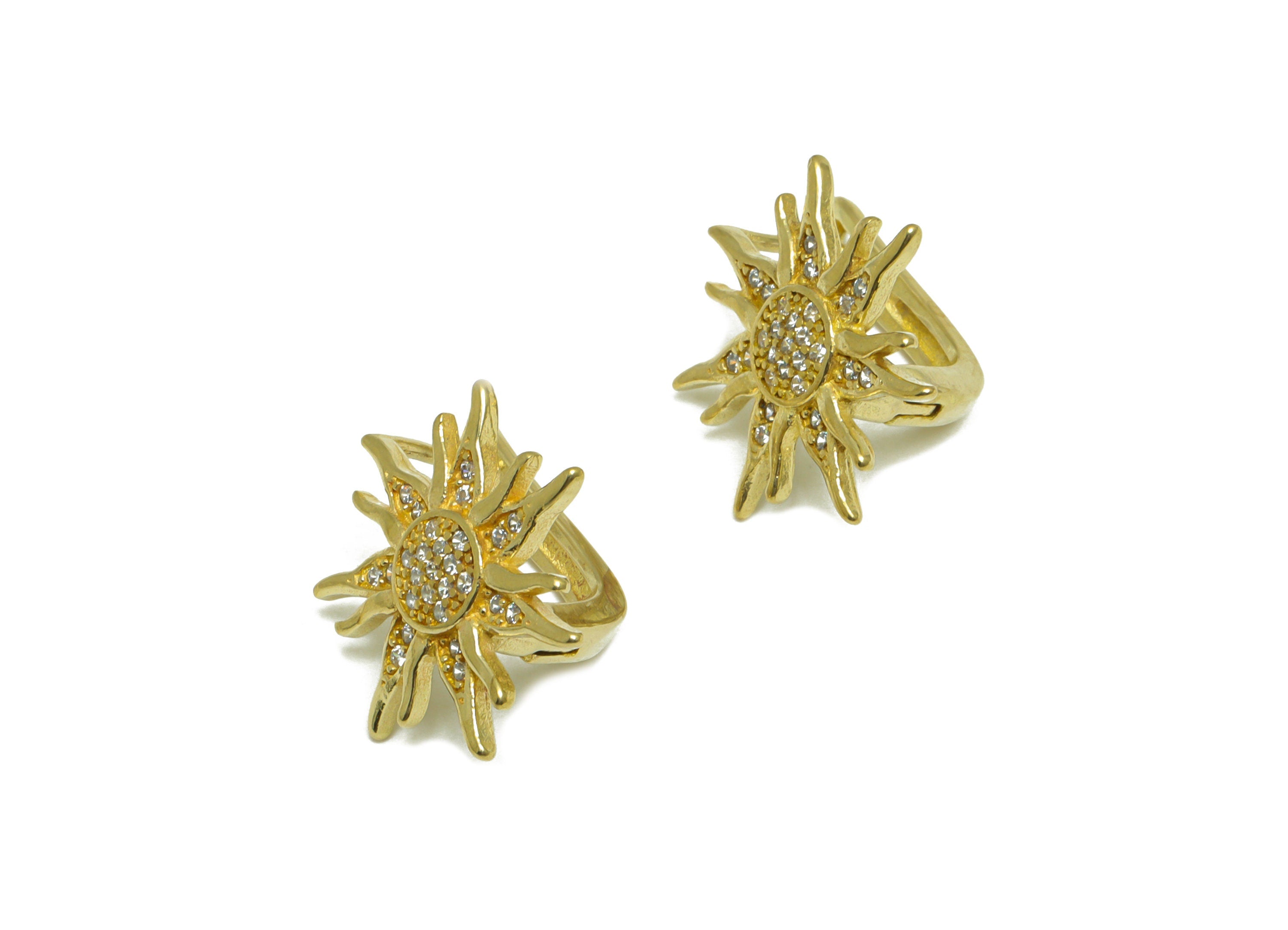 Brass CZ Sun Hoop Earring - Raw Brass Sunshine English Lock Hoop Earring - Brass Cubic Zircon Sun English Lock Earring -22x17x12mm - PP10033 - DOMEDBAZAAR