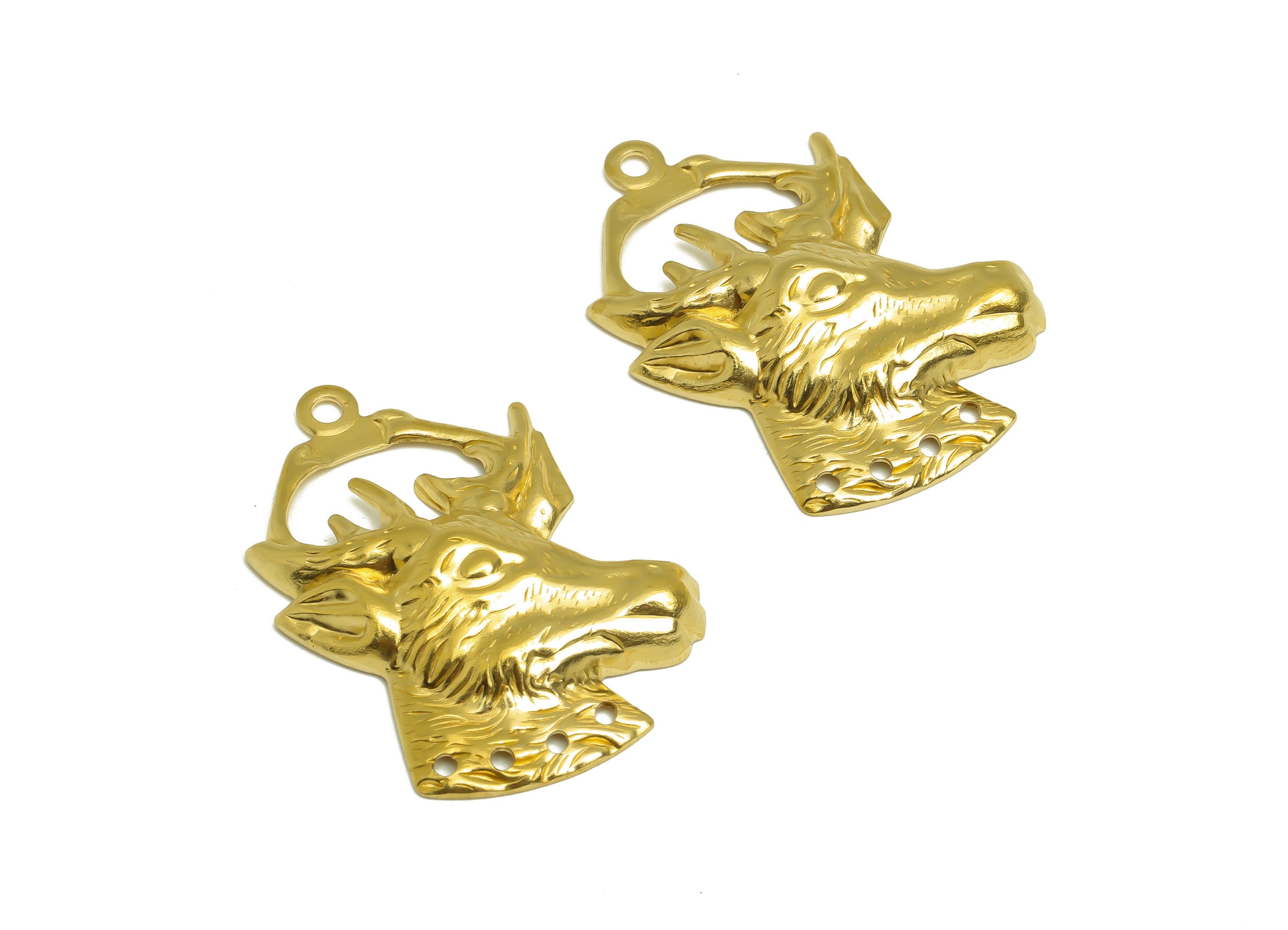Brass Deer Earring Charm - Brass Deer Earring Connector - Textured Deer Vintage Earring Charm - Vintage Charm - 34x25x4.6mm - PP10430 - DOMEDBAZAAR