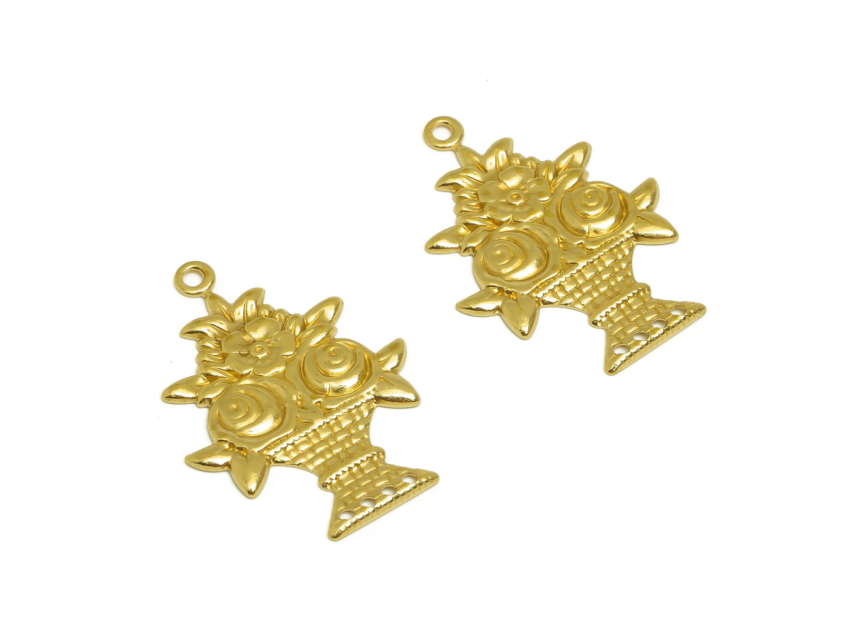 Brass Rose Earring Charm - Brass Textured Flower Connector - Textured Vintage Looking Earring Charm - Potted Plant Charm - 35x25x1mm-PP10427 - DOMEDBAZAAR