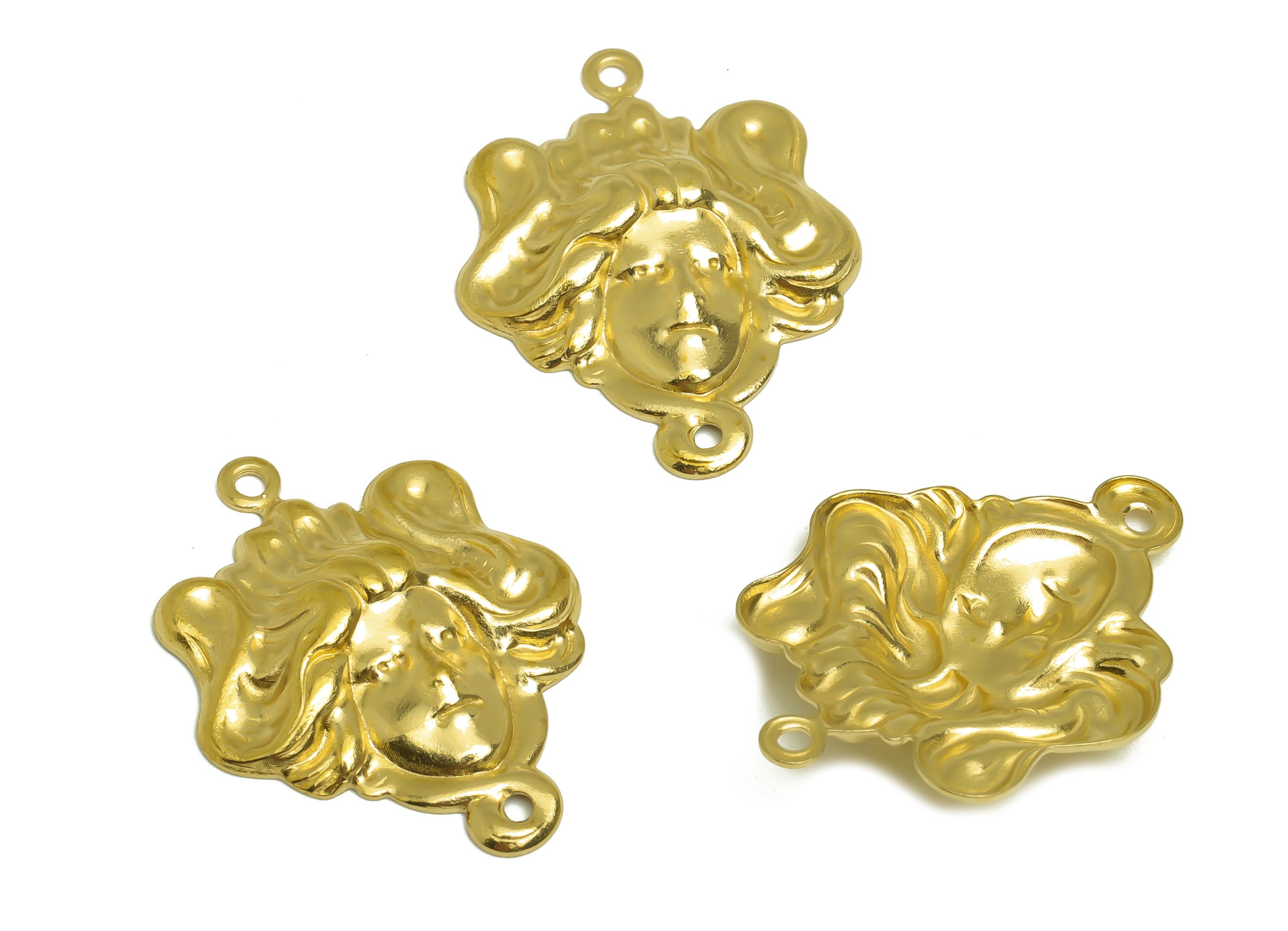 Brass Portrait Earring Charm - Brass Woman Connector - Textured Vintage Looking Earring Charm - Greek Portrait Charm - 31x23x3.7mm - PP10426 - DOMEDBAZAAR