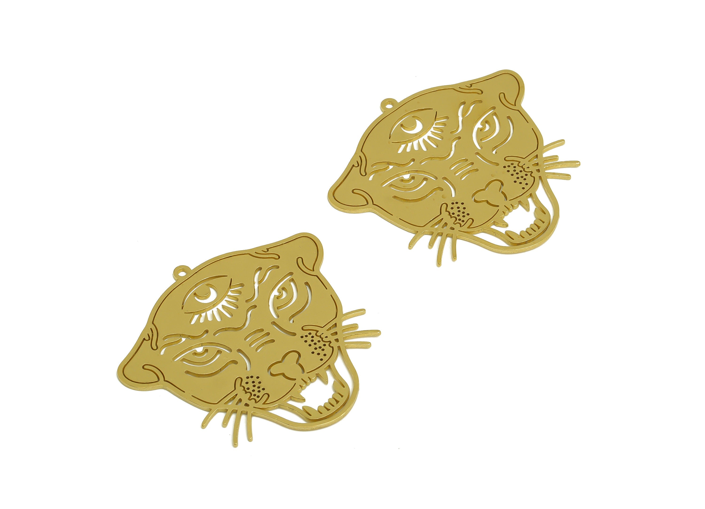 Brass Leopard Head Earring Charm - Raw Brass Animal Hollow Jaguar Earring - Leopard Pendant With Loop - For Necklace - 45x43x0.9mm - PP10366 - DOMEDBAZAAR