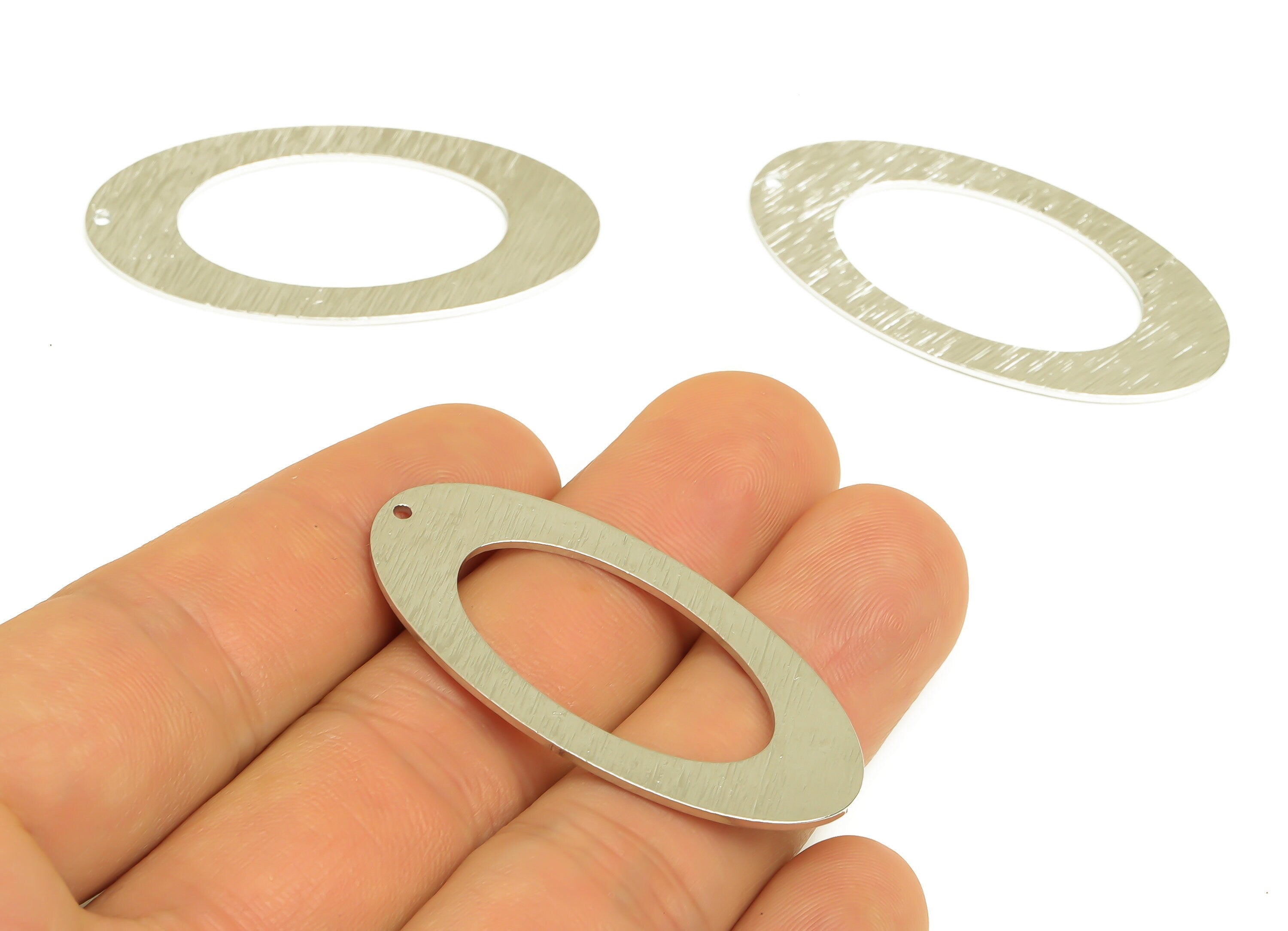 Brass Long Oval Earring Charms - Silver Tone Plated Oval Brass Pendant - Minimalism Earring Findings - Jewelry Making- 45x23x1mm - PP10440S - DOMEDBAZAAR