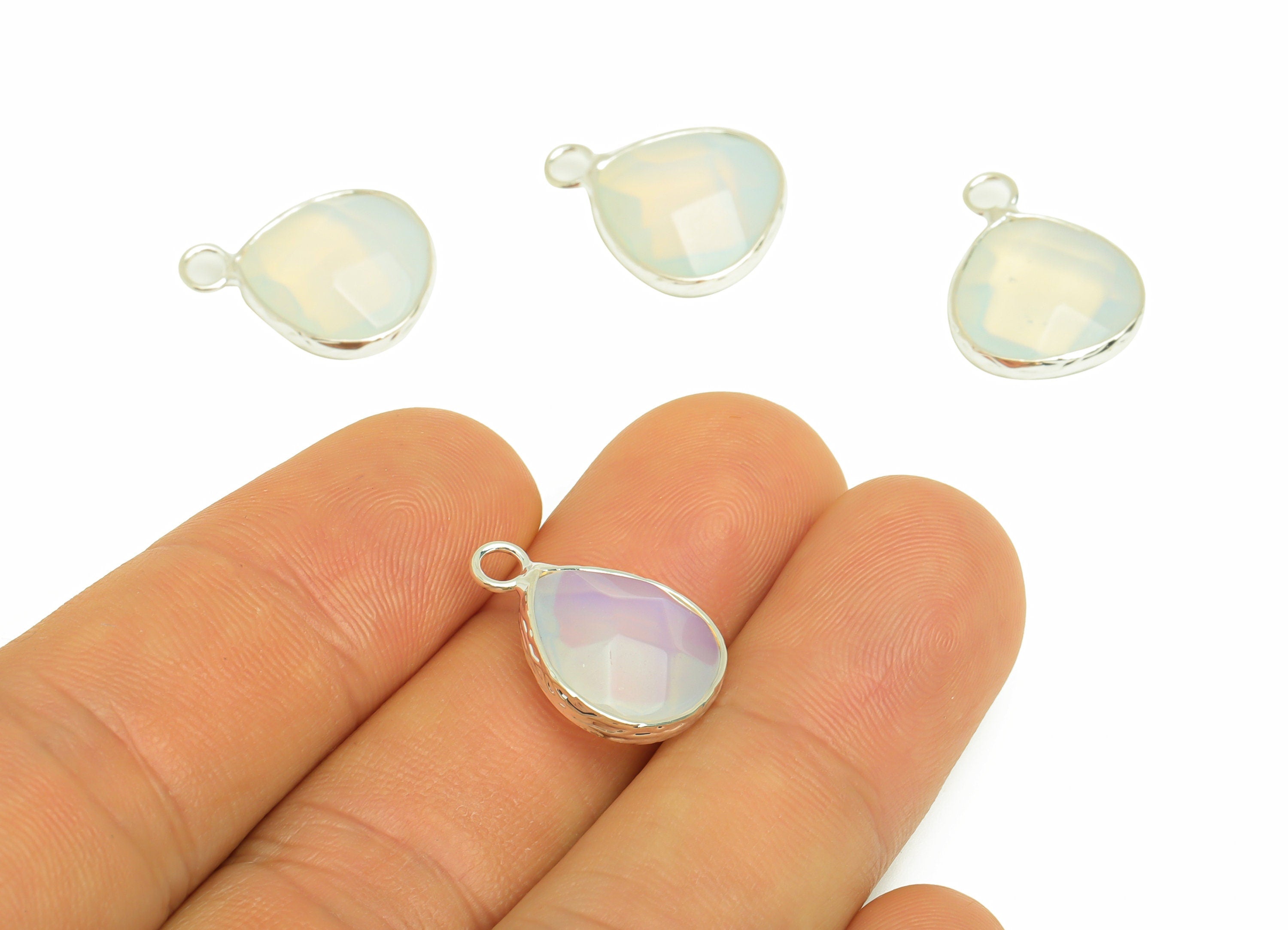 Brass Opalite Drop Earring Charms - Brass Teardrop Pendant - Natural Stone - Silver Tone Plated Brass – 18.2x14x5mm – NS1696D - DOMEDBAZAAR