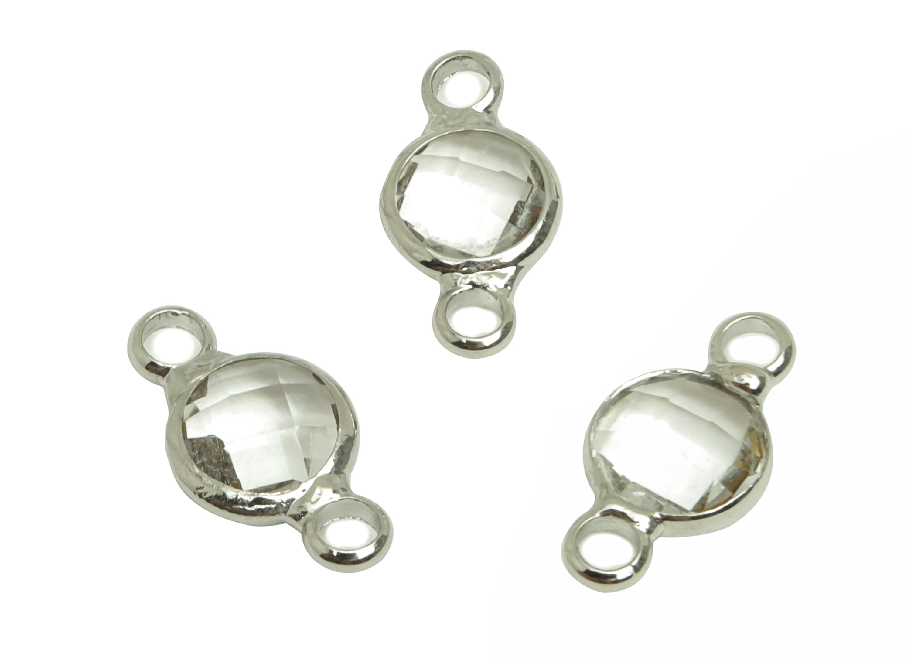 Brass Clear Glass Earring Connector - Round Frame Bracelet Charm - Silver Tone Plating Clear - Faceted Transparent Glass - 12x6x2mm -GS1139C - DOMEDBAZAAR