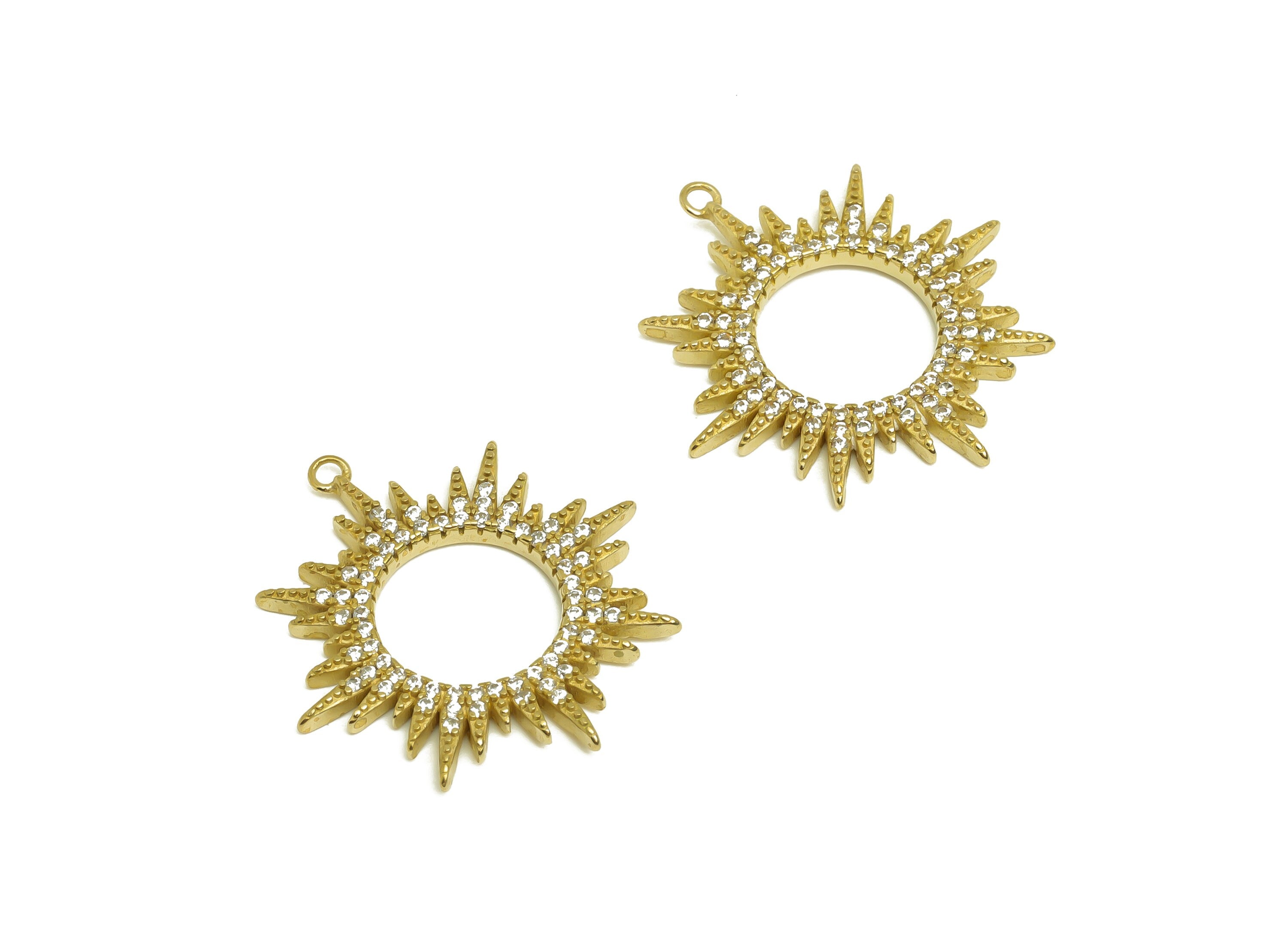 Brass Sun Earring Charm With Zircon - Raw Brass Cubic Zircon Sun Pendant - Earring Finding - Jewelry Making Supplies - 26x25x1.9mm - PP10435 - DOMEDBAZAAR