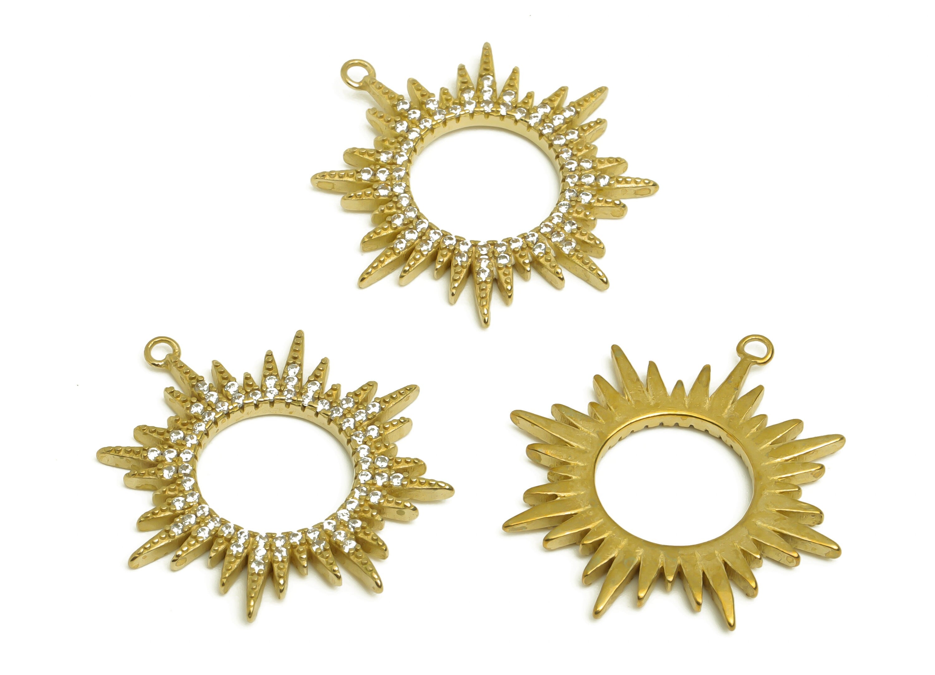 Brass Sun Earring Charm With Zircon - Raw Brass Cubic Zircon Sun Pendant - Earring Finding - Jewelry Making Supplies - 26x25x1.9mm - PP10435 - DOMEDBAZAAR