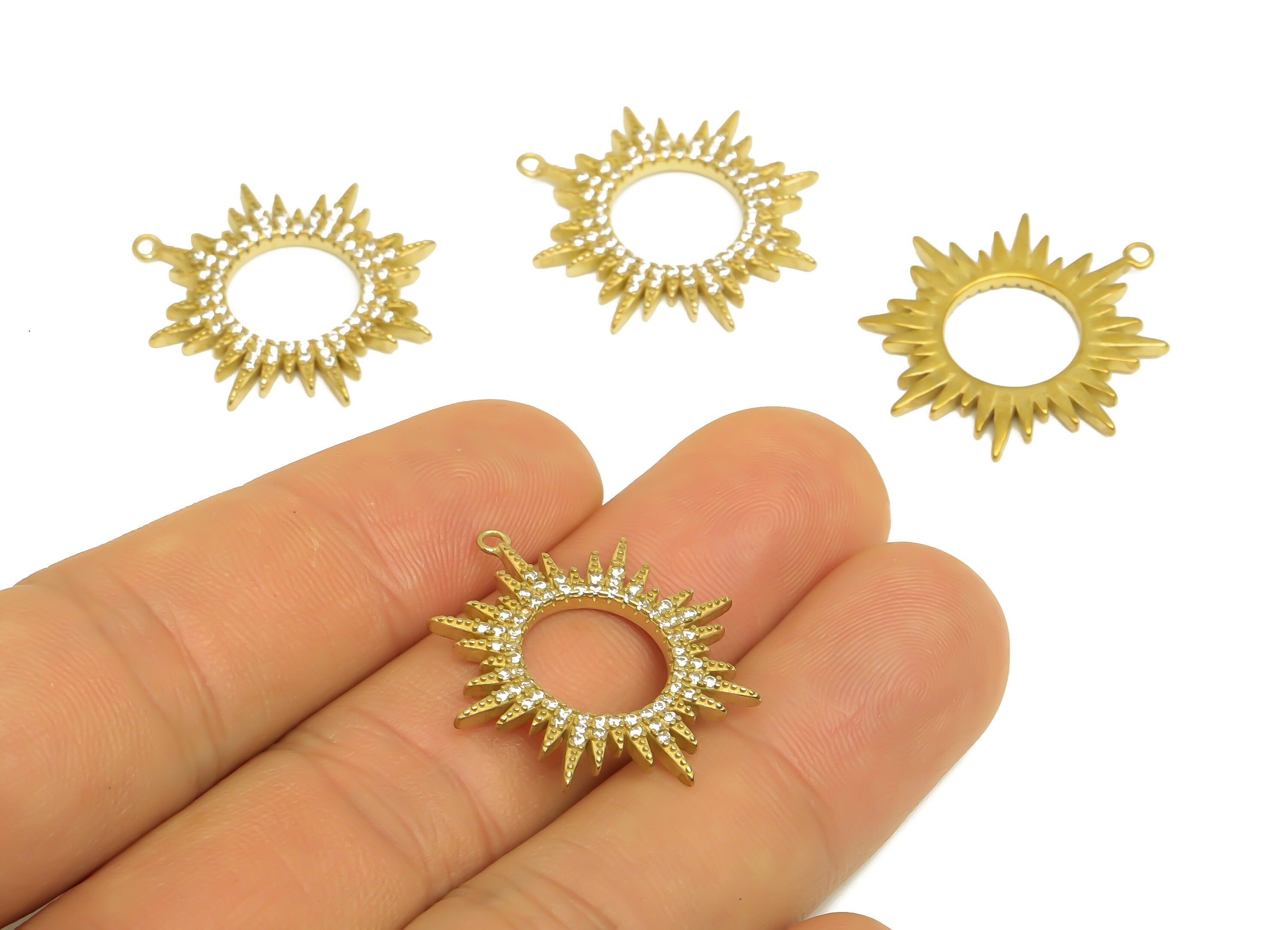 Brass Sun Earring Charm With Zircon - Raw Brass Cubic Zircon Sun Pendant - Earring Finding - Jewelry Making Supplies - 26x25x1.9mm - PP10435 - DOMEDBAZAAR