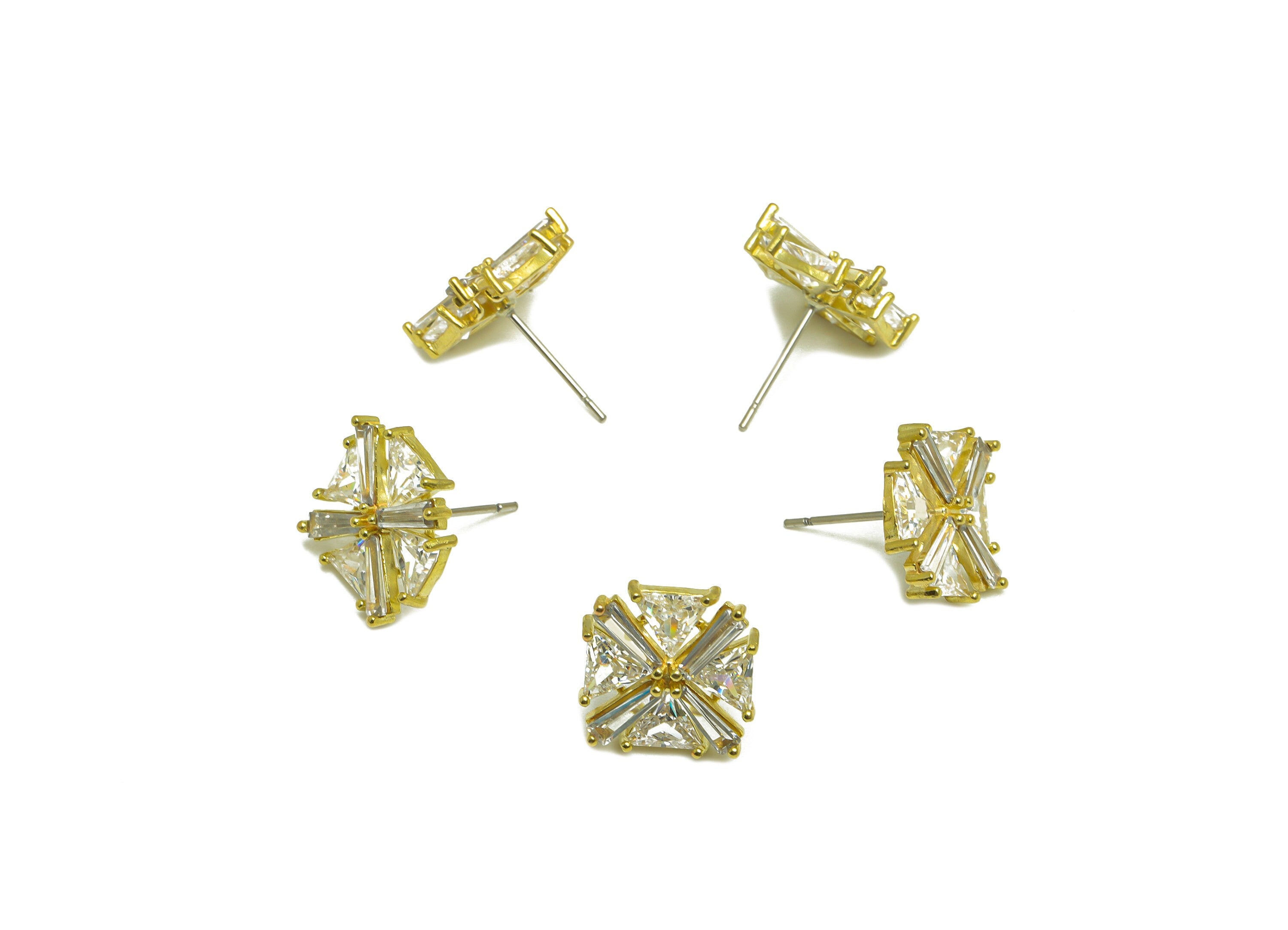Brass CZ Geometry Earring Post - Raw Brass Cubic Zircon Trapezoid Earring Post - Brass Triangle Earring Post - 15.6x12.9x4mm - PP10089 - DOMEDBAZAAR