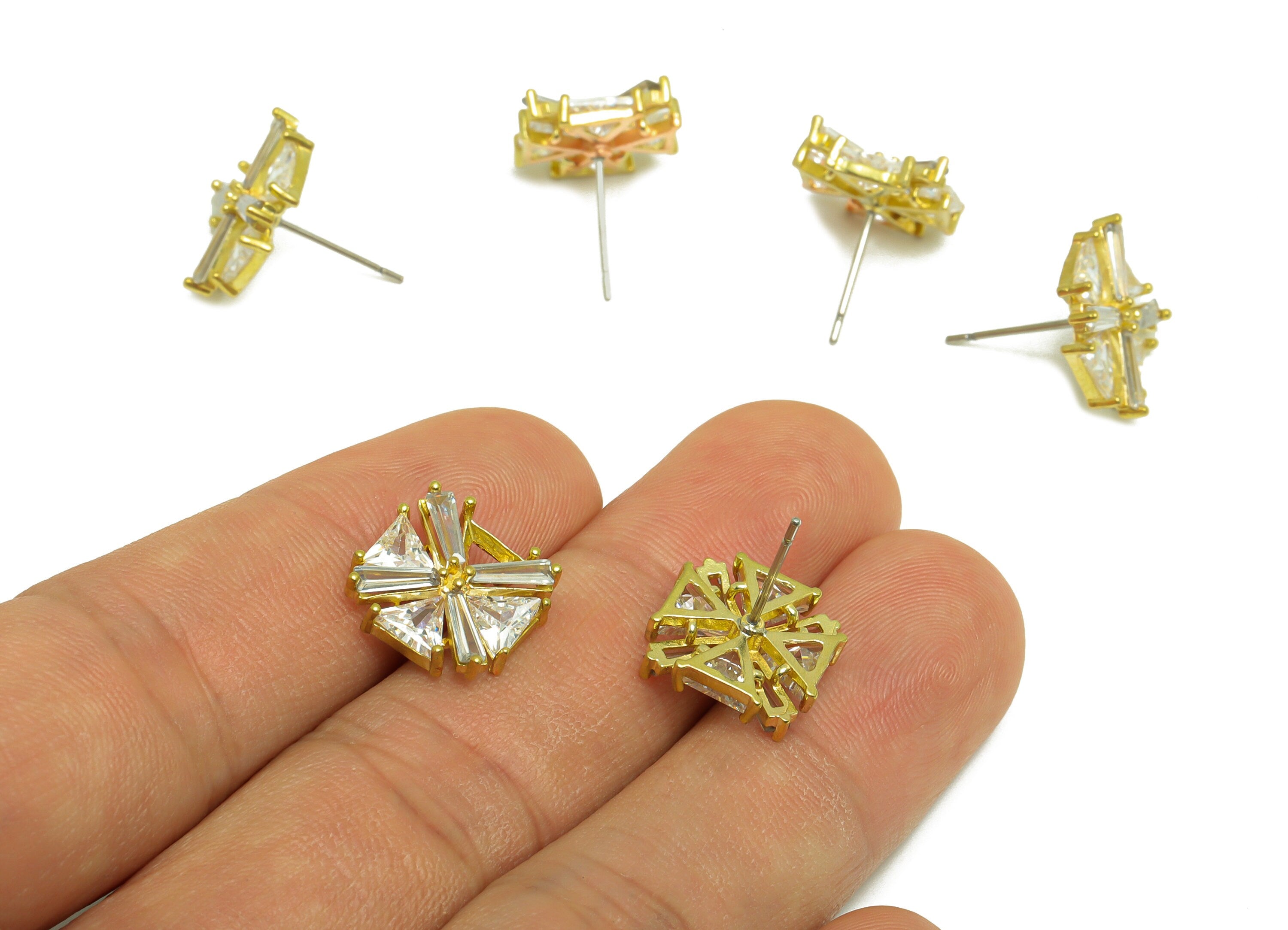 Brass CZ Geometry Earring Post - Raw Brass Cubic Zircon Trapezoid Earring Post - Brass Triangle Earring Post - 15.6x12.9x4mm - PP10089 - DOMEDBAZAAR