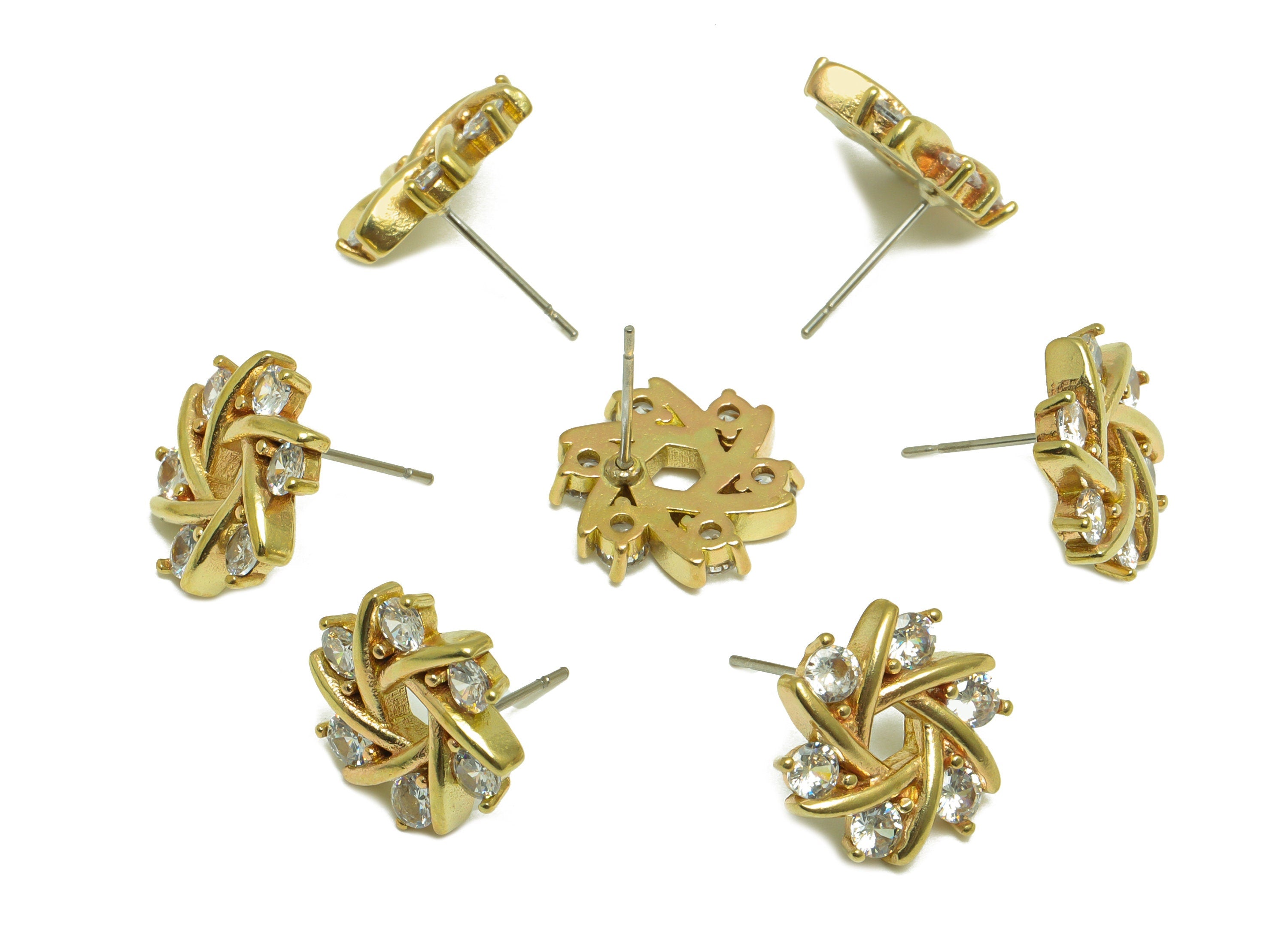 Brass CZ Flower Earring Post - Raw Brass Rotate Cubic Zircon Earring Post - Brass Flower Zircon Earring Post - 14.9x14.8x3.2mm - PP10075 - DOMEDBAZAAR