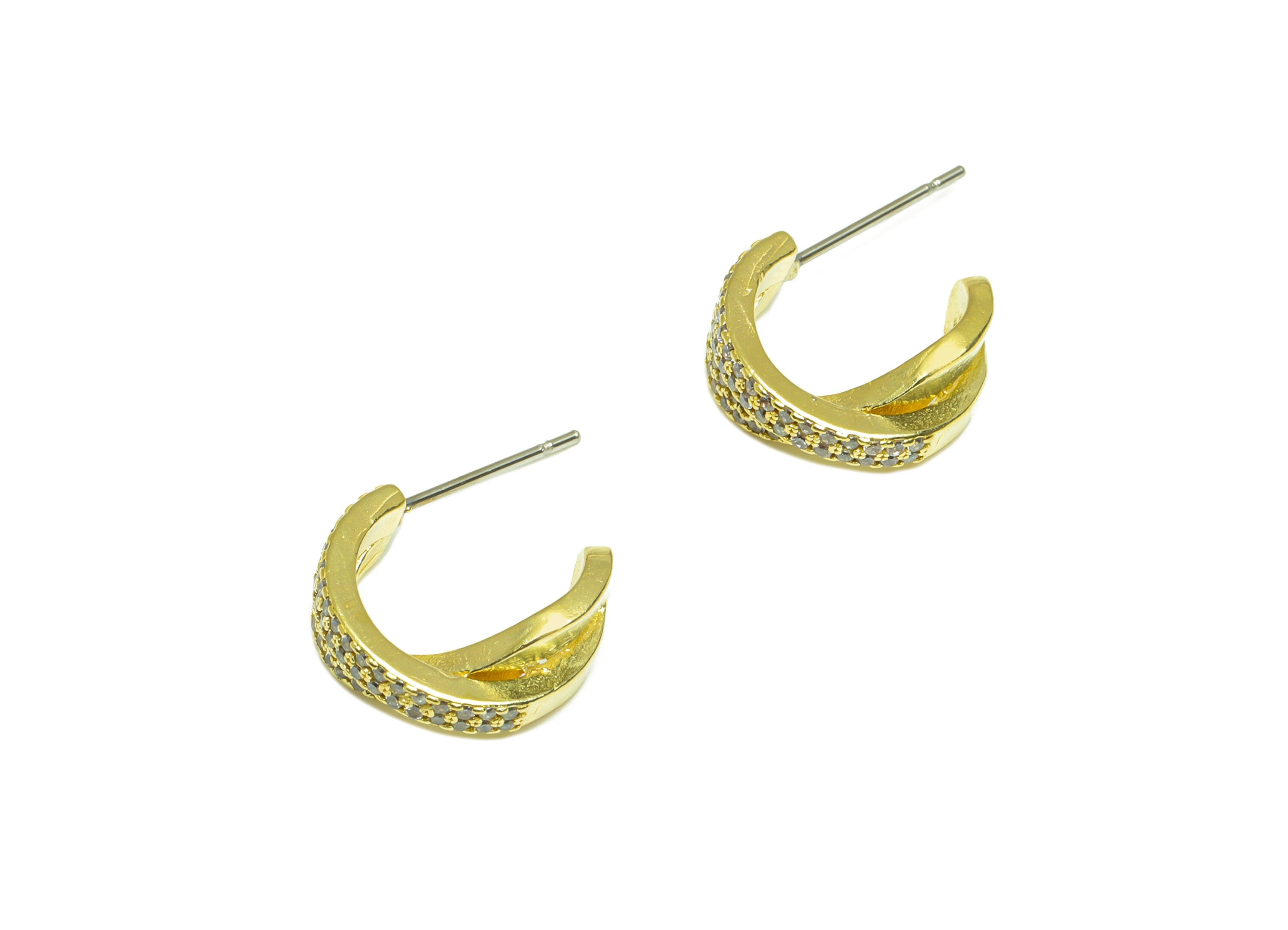 Brass CZ Hoop Earring Post - Raw Brass C Hoop Cubic Zircon Earring Post - Brass Cross Open Hoop Zircon Earring Post - 20x14.5x6mm - PP10113 - DOMEDBAZAAR