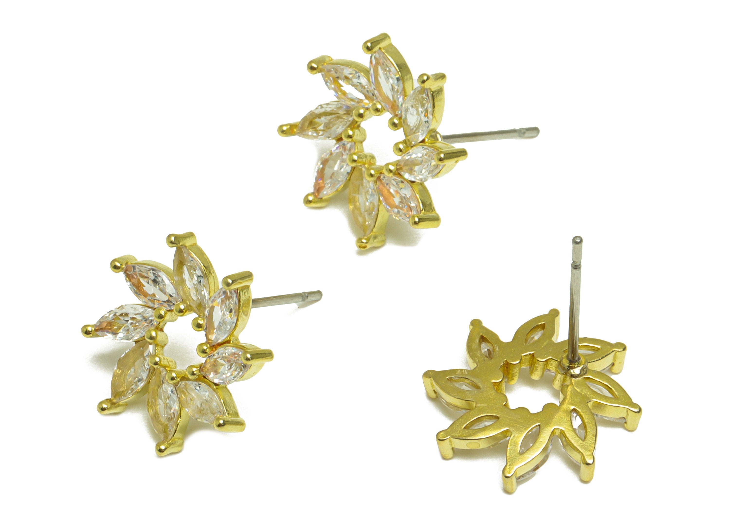 Brass CZ Windmill Earring Post - Raw Brass Marquise Cubic Zircon Earring Post - Brass Flower Zircon Earring Post - 15x14.5x3.08mm - PP10101 - DOMEDBAZAAR