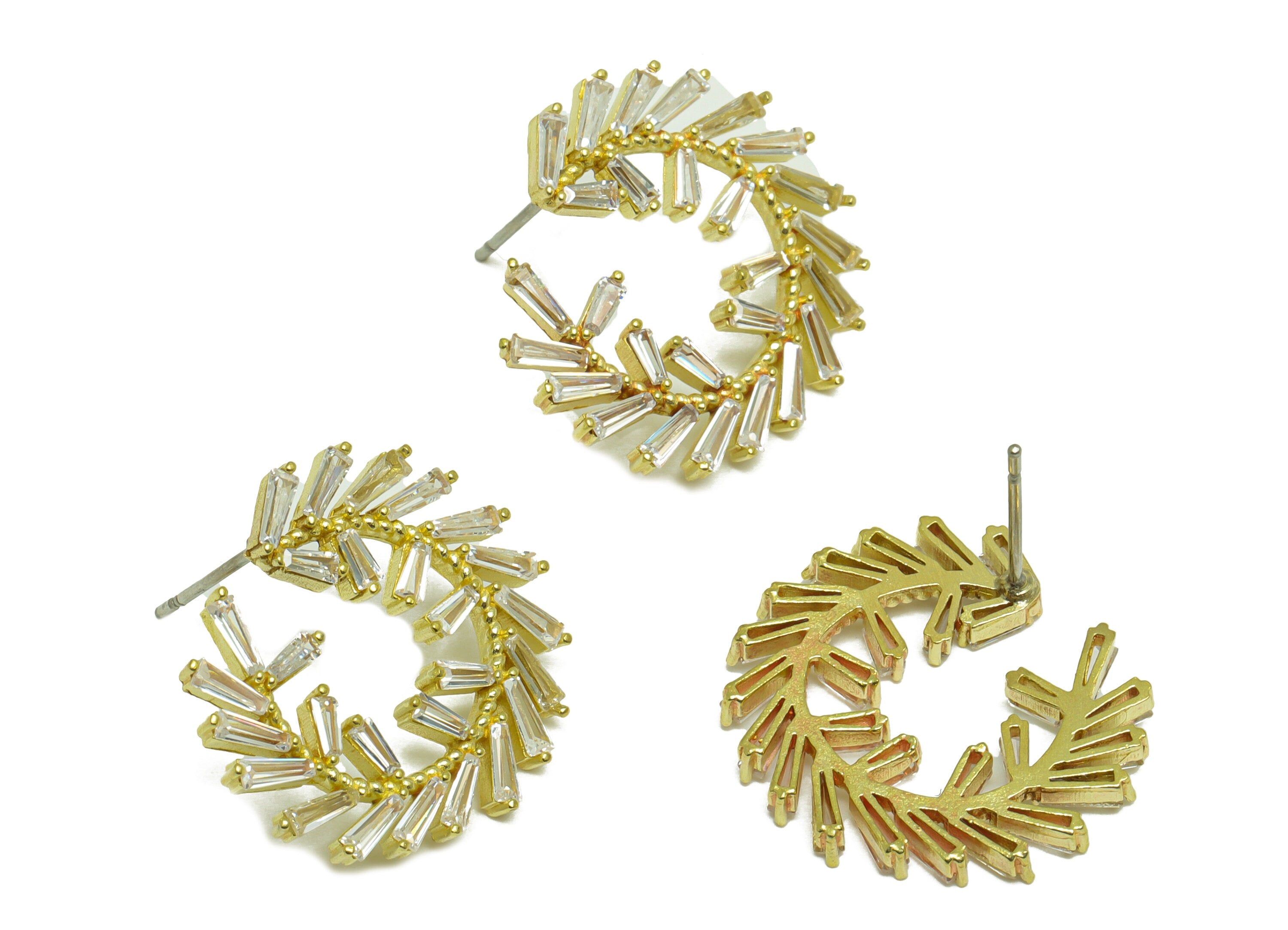 Brass CZ C Hoop Earring Post - Raw Brass Trapezoid Hoop Cubic Zircon Earring Post - Brass Branch Zircon Earring Post - 22x19x2mm - PP10108 - DOMEDBAZAAR