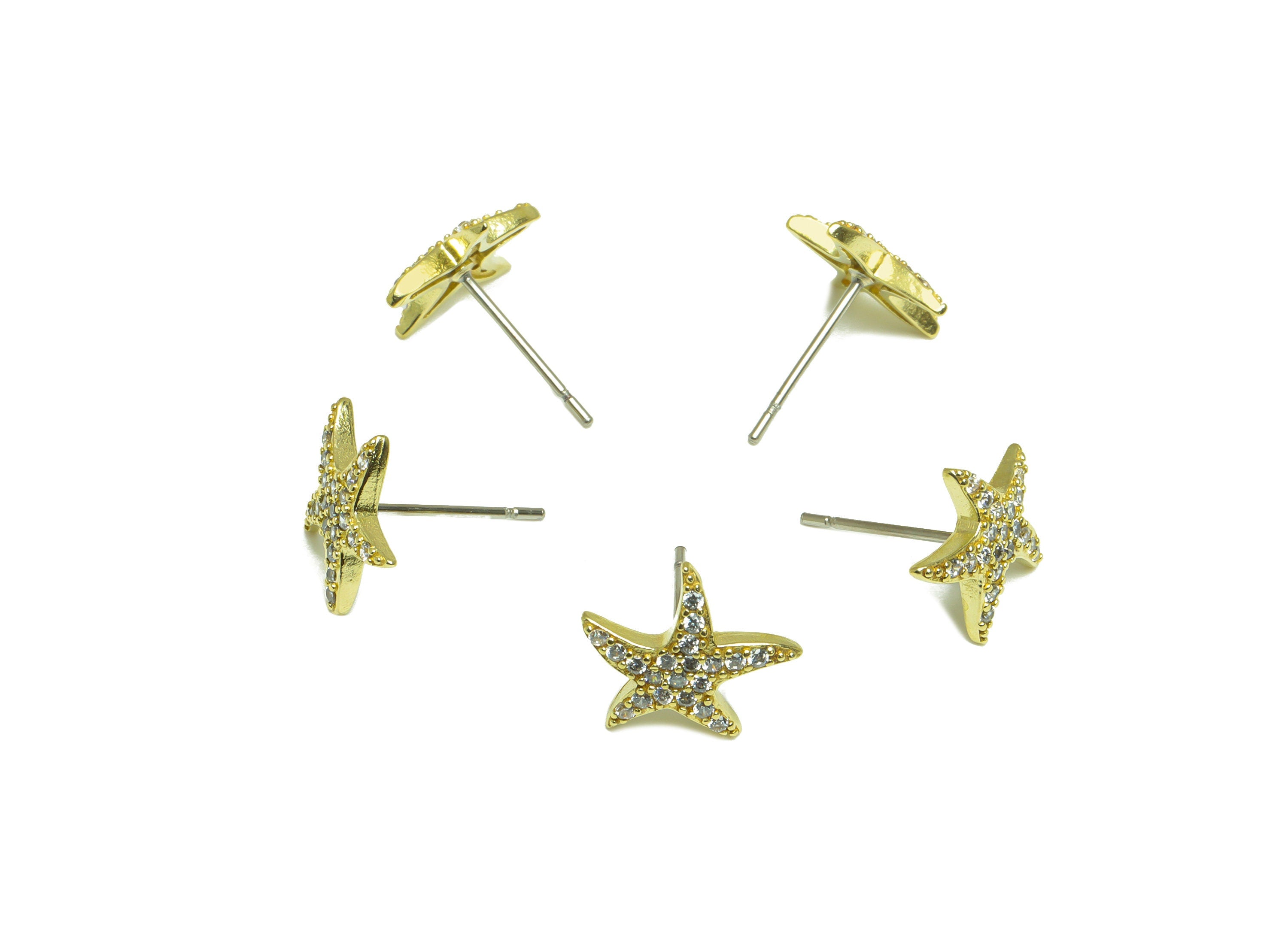 Brass CZ Starfish Earring Post - Raw Brass Starfish Cubic Zircon Earring Post - Brass Star Zircon Earring Post - 13.3x10.3x2.15mm - PP10106 - DOMEDBAZAAR