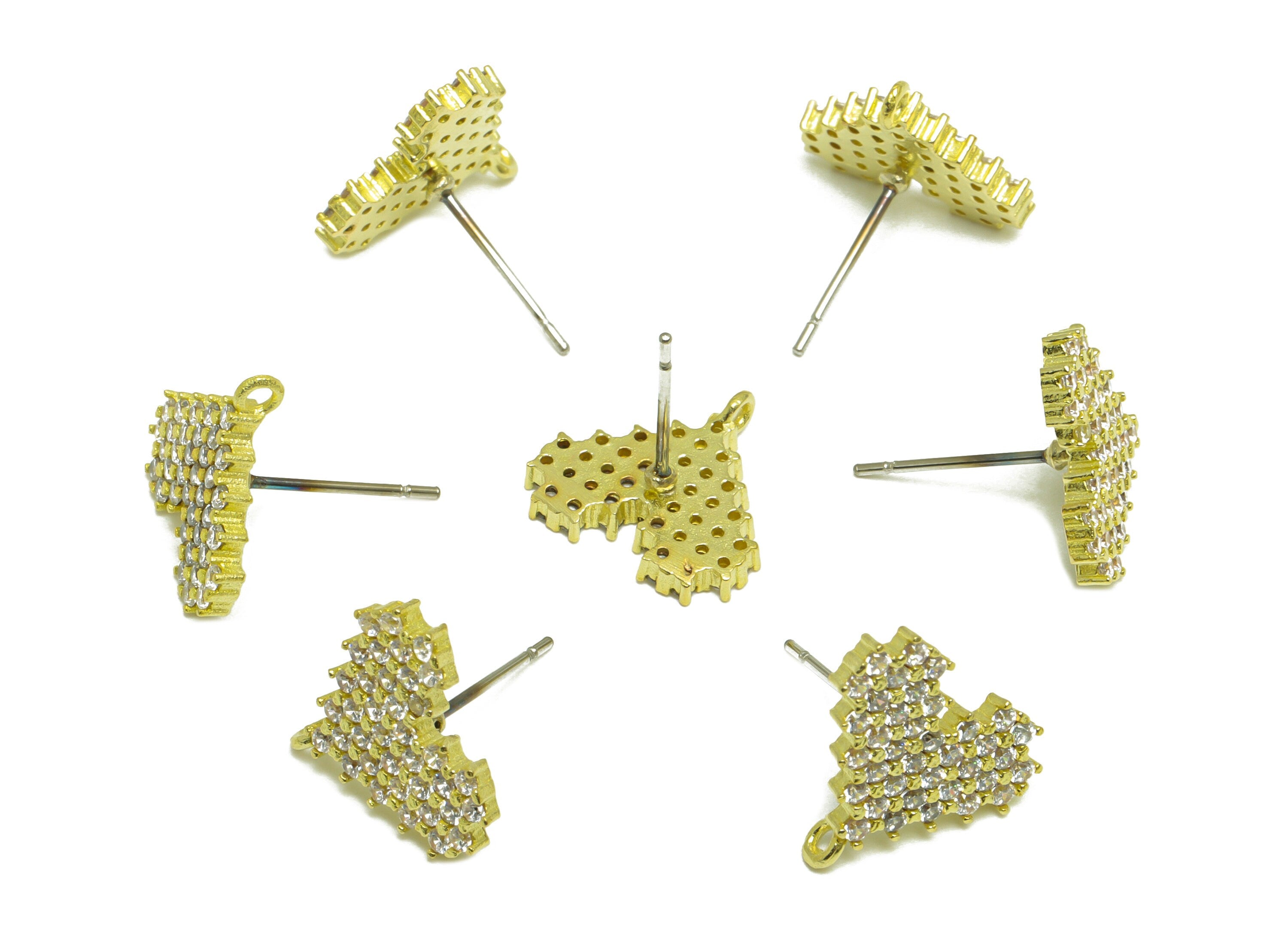 Brass CZ Heart Earring Post - Raw Brass Heart Cubic Zircon Earring Post With Loop - Brass Heart Zircon Earring Post - 14.5x13x2mm - PP10076 - DOMEDBAZAAR