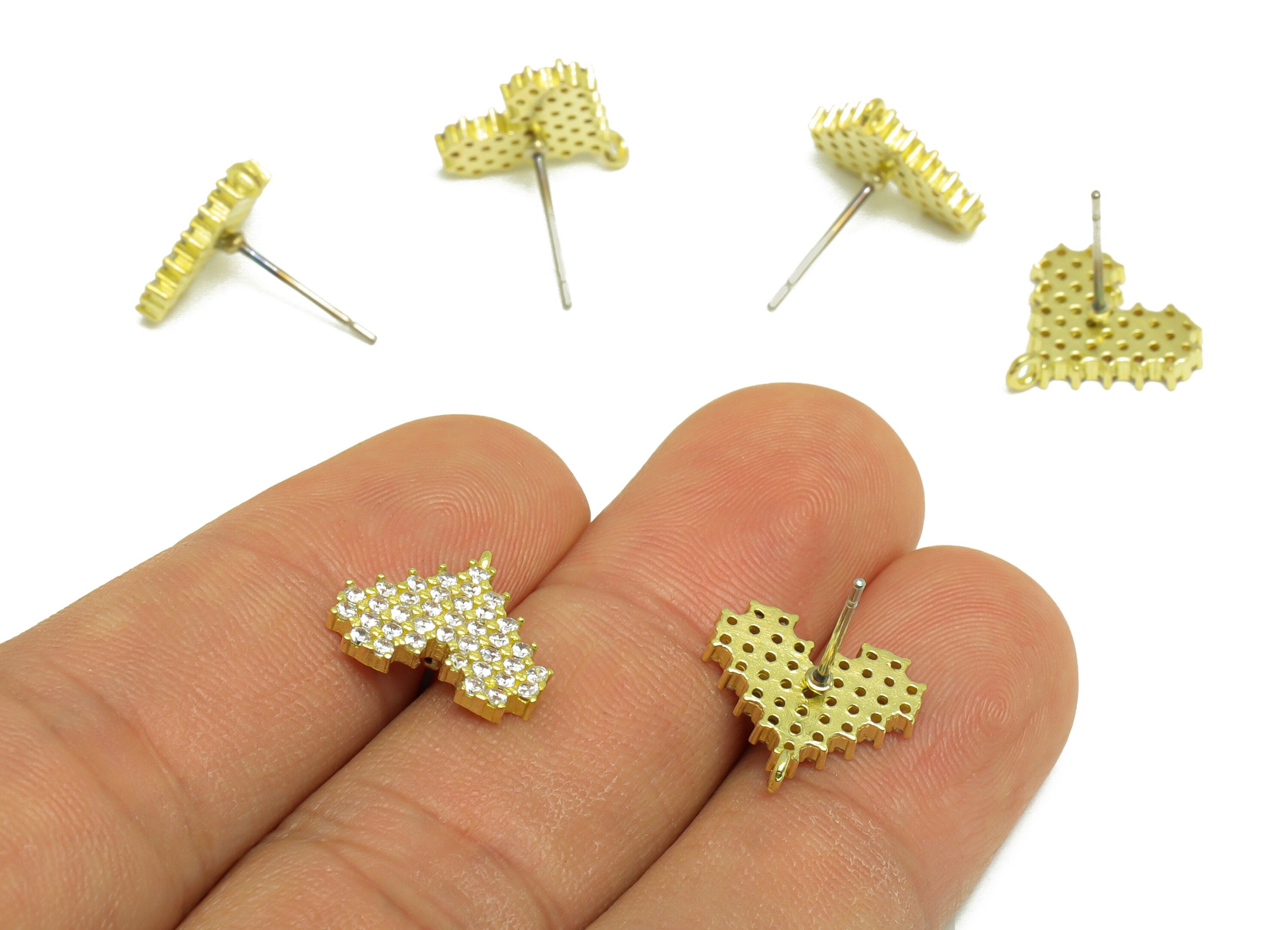 Brass CZ Heart Earring Post - Raw Brass Heart Cubic Zircon Earring Post With Loop - Brass Heart Zircon Earring Post - 14.5x13x2mm - PP10076 - DOMEDBAZAAR